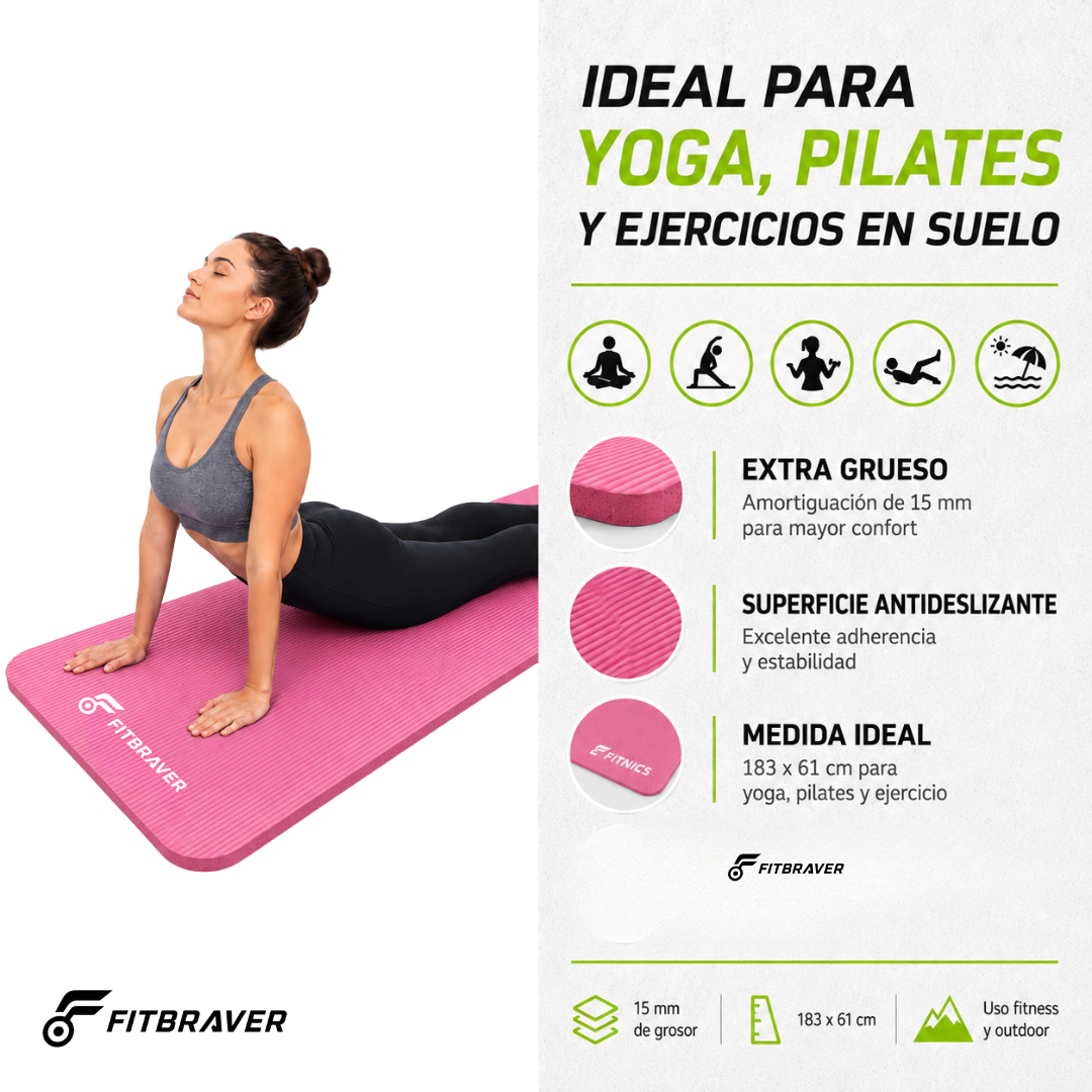 Mat de Yoga 15mm Grueso Colchoneta Pilates Antideslizante Alfombra NBR Resistente Ejercicio Color Ro-2