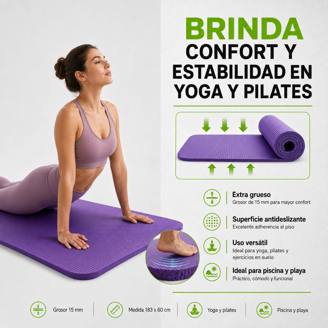 Mat de Yoga 15mm Grueso Colchoneta Pilates Antideslizante Alfombra NBR Resistente Ejercicio Morado-6