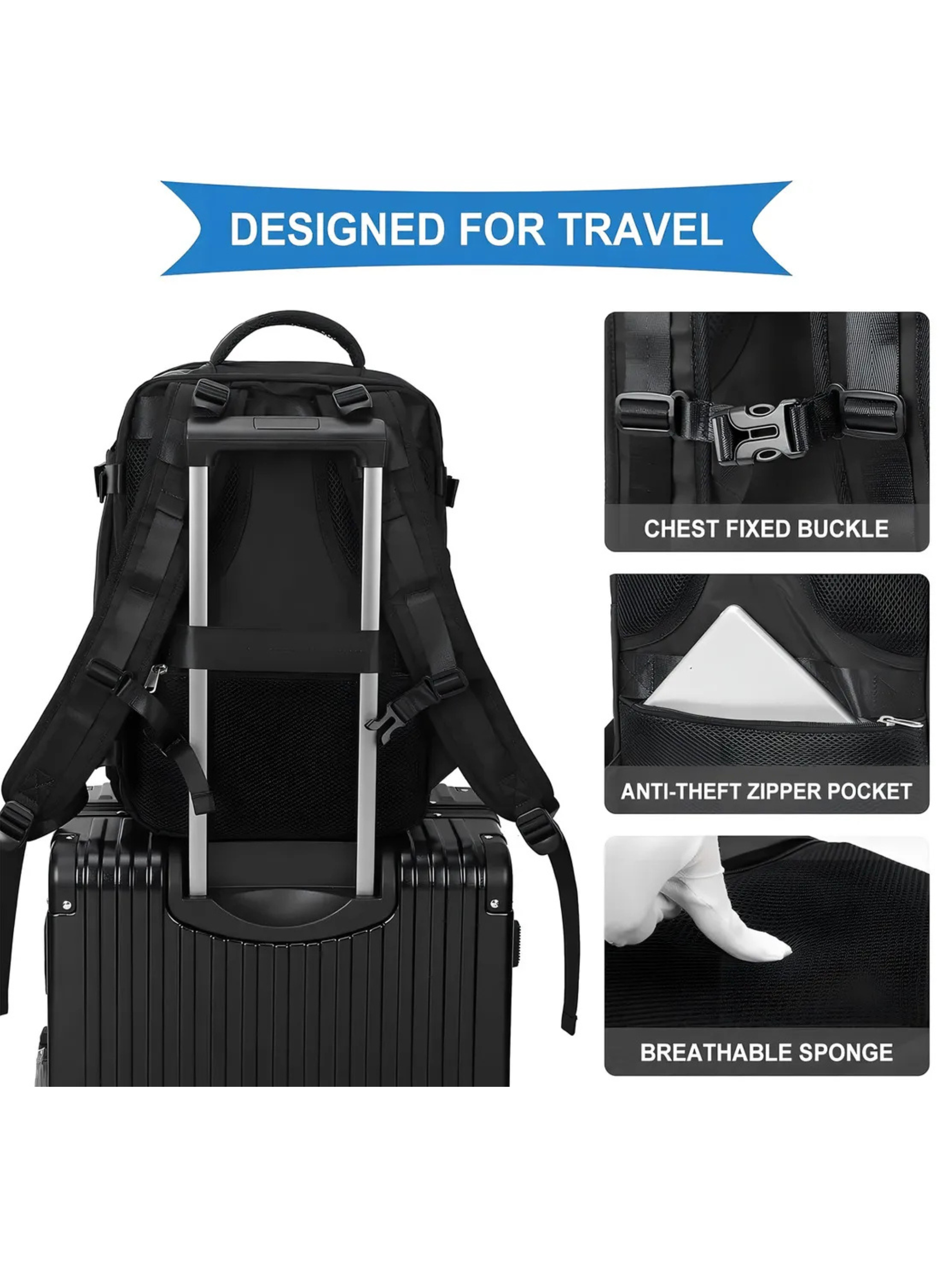 Mochila de Viaje Travel Equipaje de Mano Cabina Viral Negro Liso -3