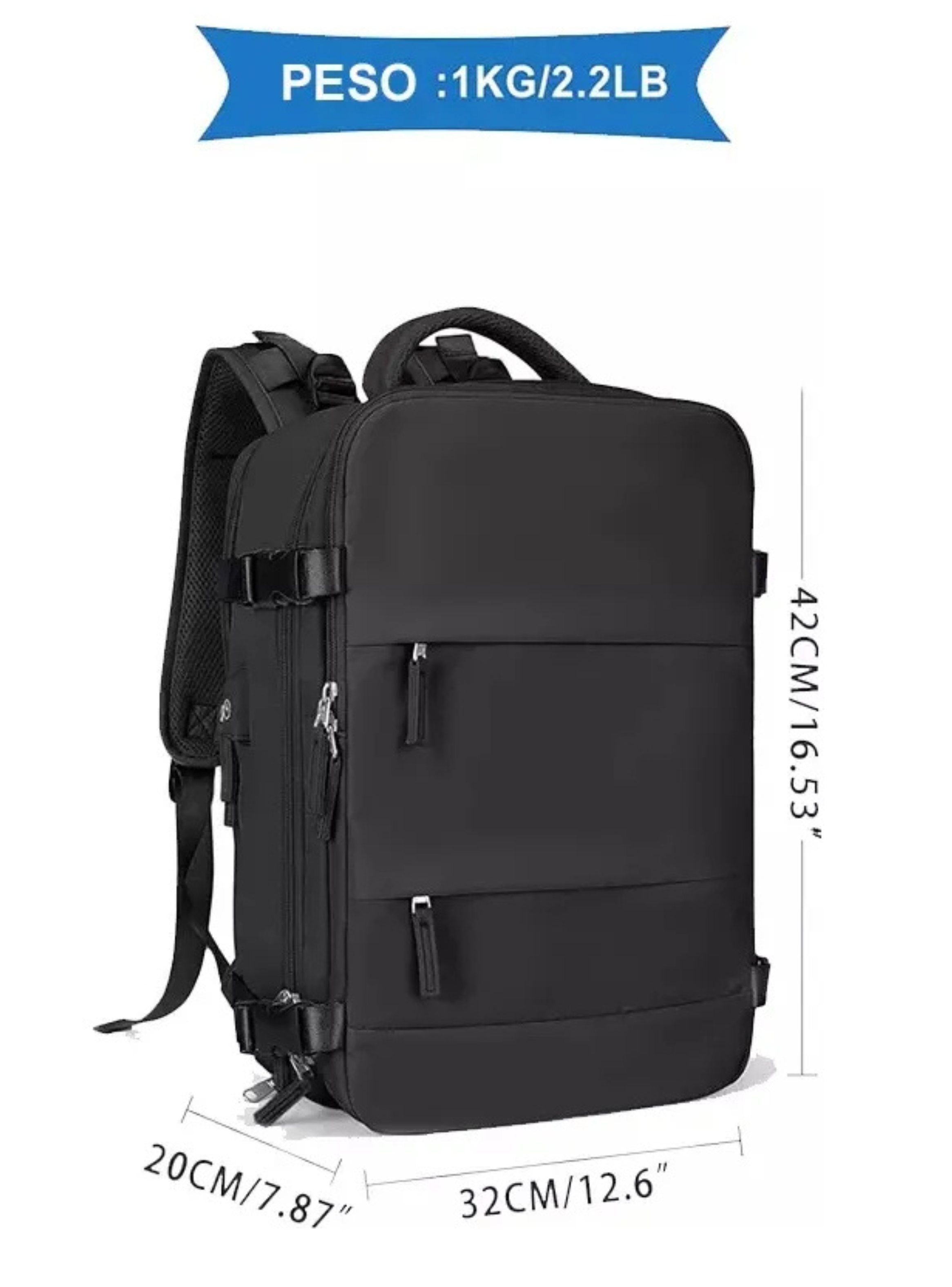 Mochila de Viaje Travel Equipaje de Mano Cabina Viral Negro Liso -4