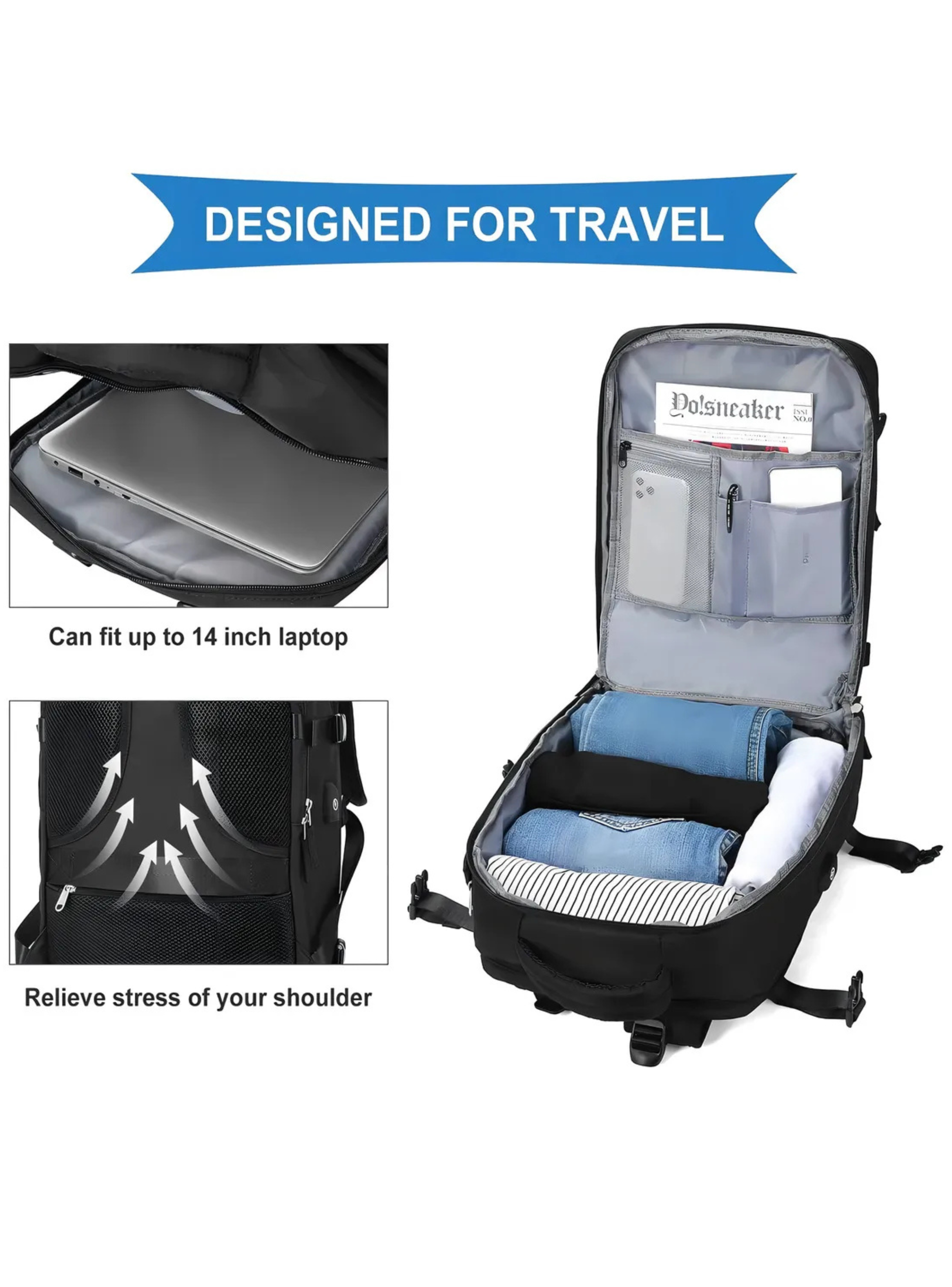 Mochila de Viaje Travel Equipaje de Mano Cabina Viral Negro Liso -5