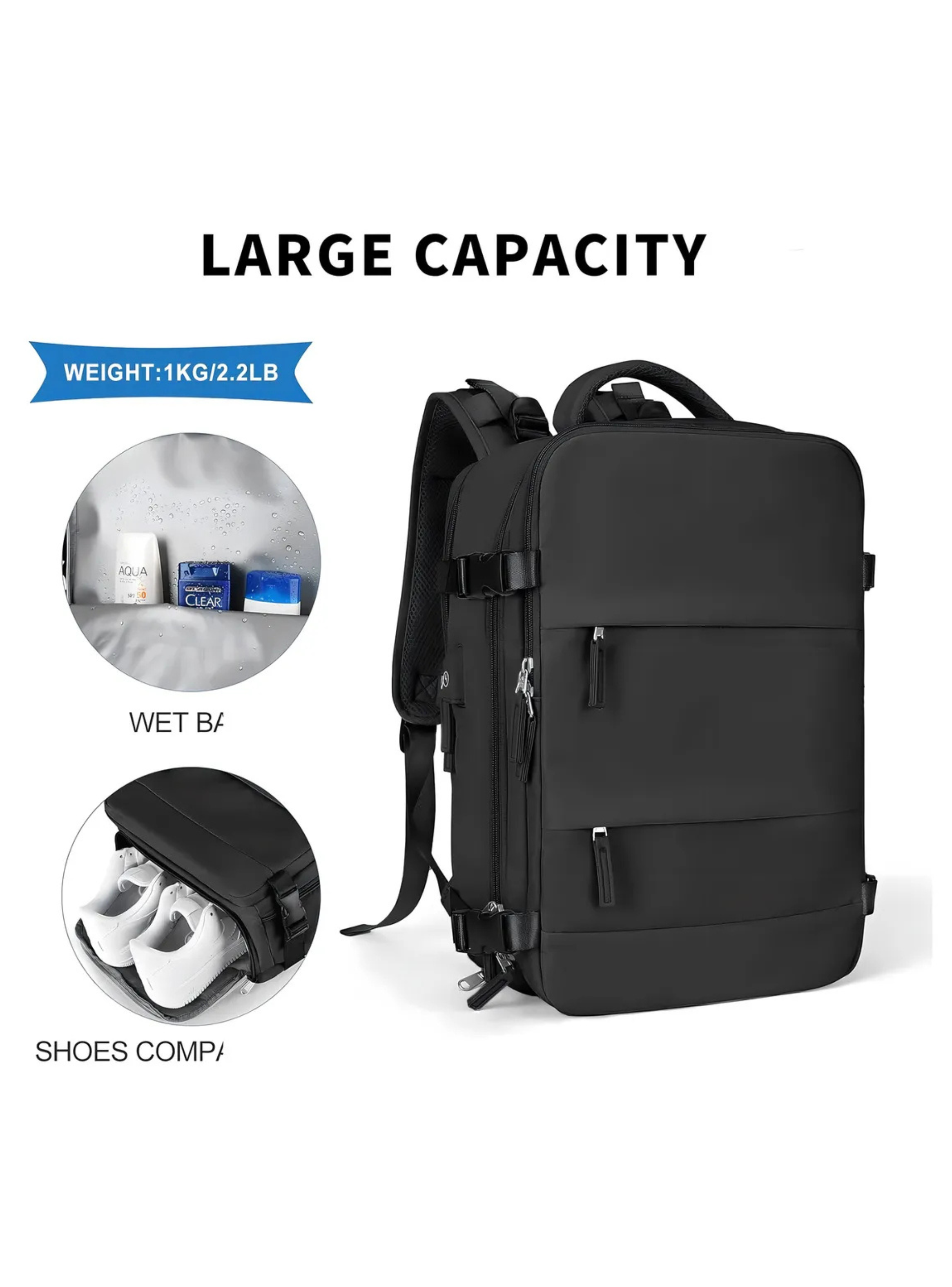 Mochila de Viaje Travel Equipaje de Mano Cabina Viral Negro Liso -5