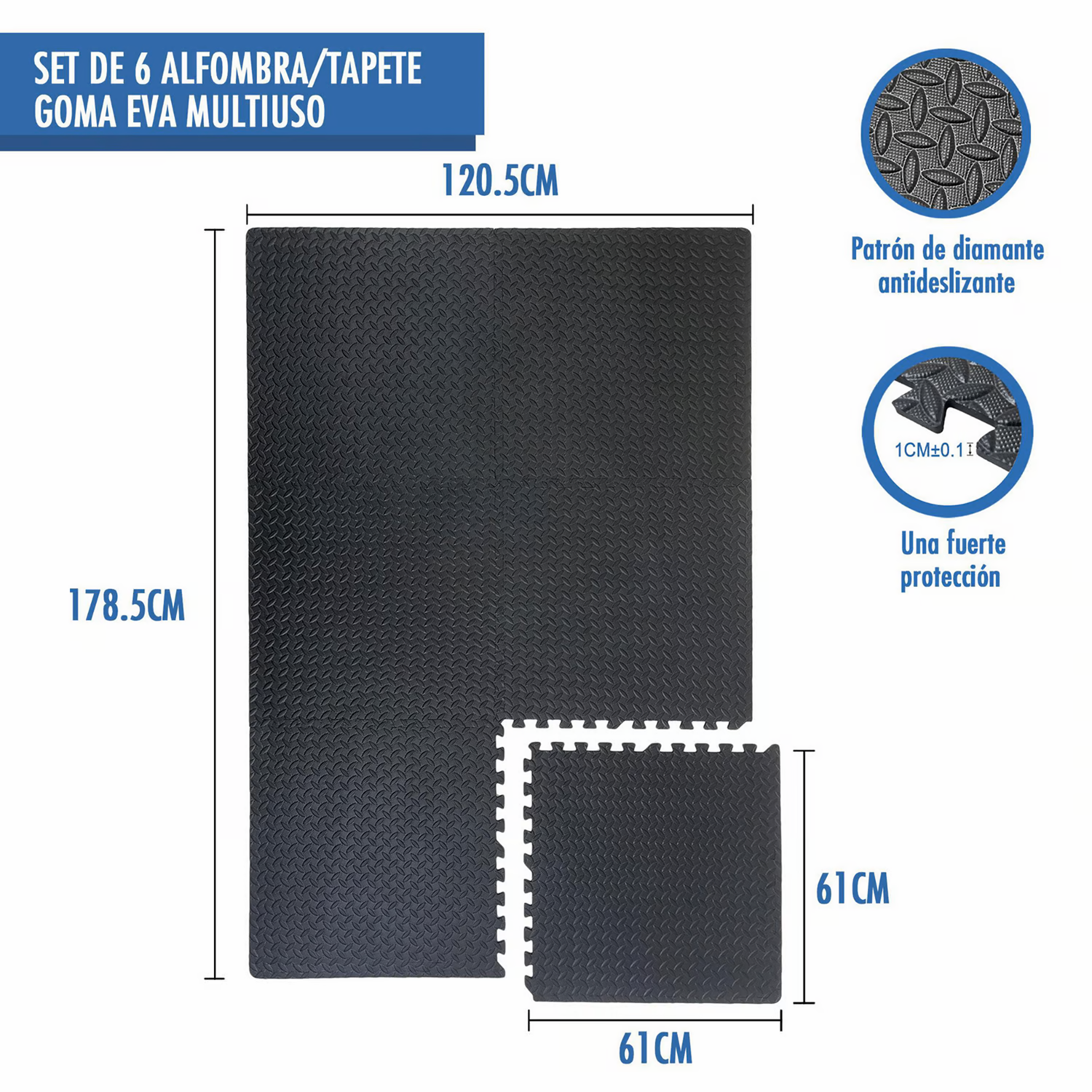 Pack 6 Tatamis Antideslizante Negros 61 x 61 x 1,1 cm de Espesor-4