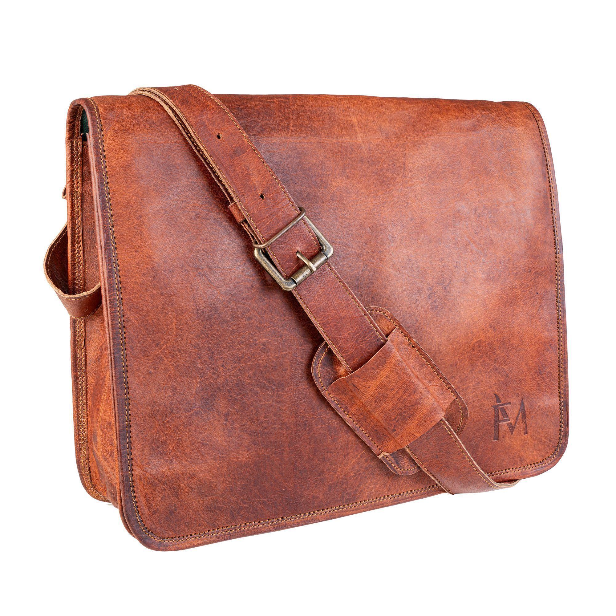 Maletín de cuero natural. Color marrón. Uso al hombro. Para notebook de 15,6 "-0