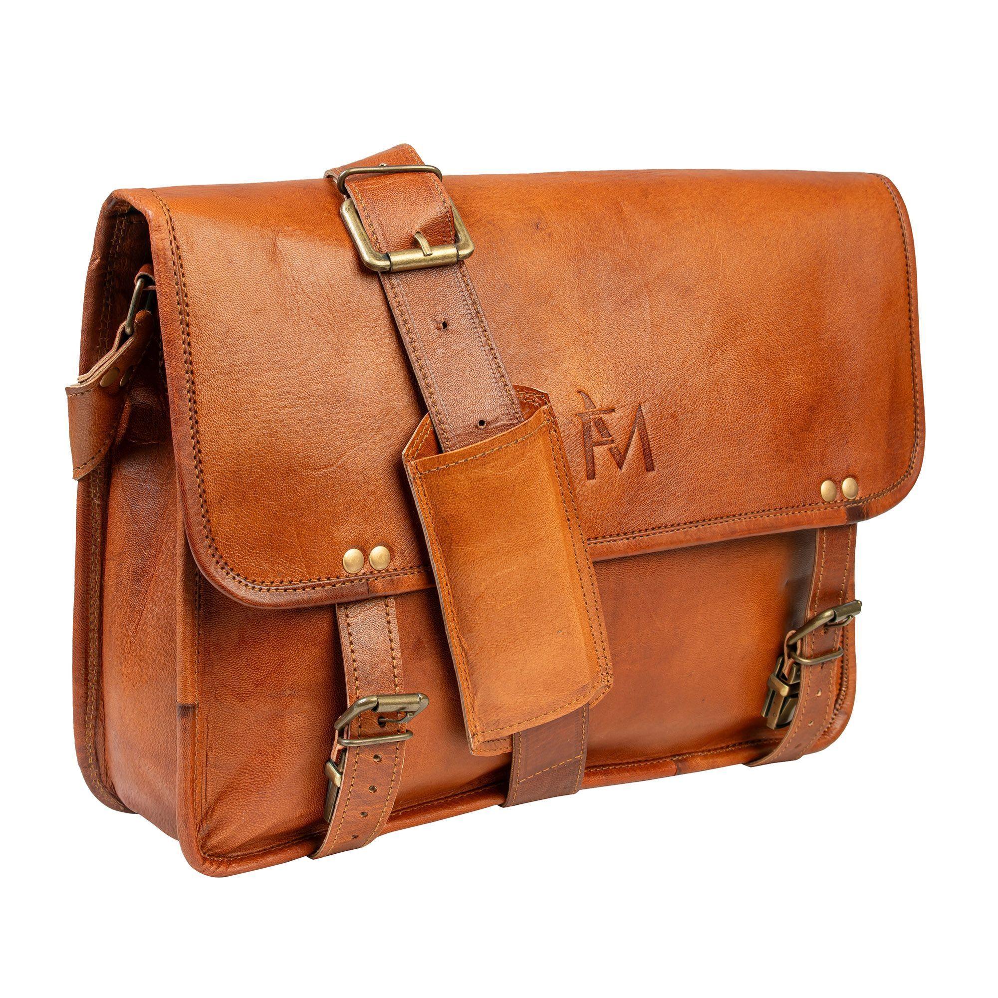 Maletín de cuero natural. Color marrón. Uso al hombro. Notebook 15.6 o menor-0