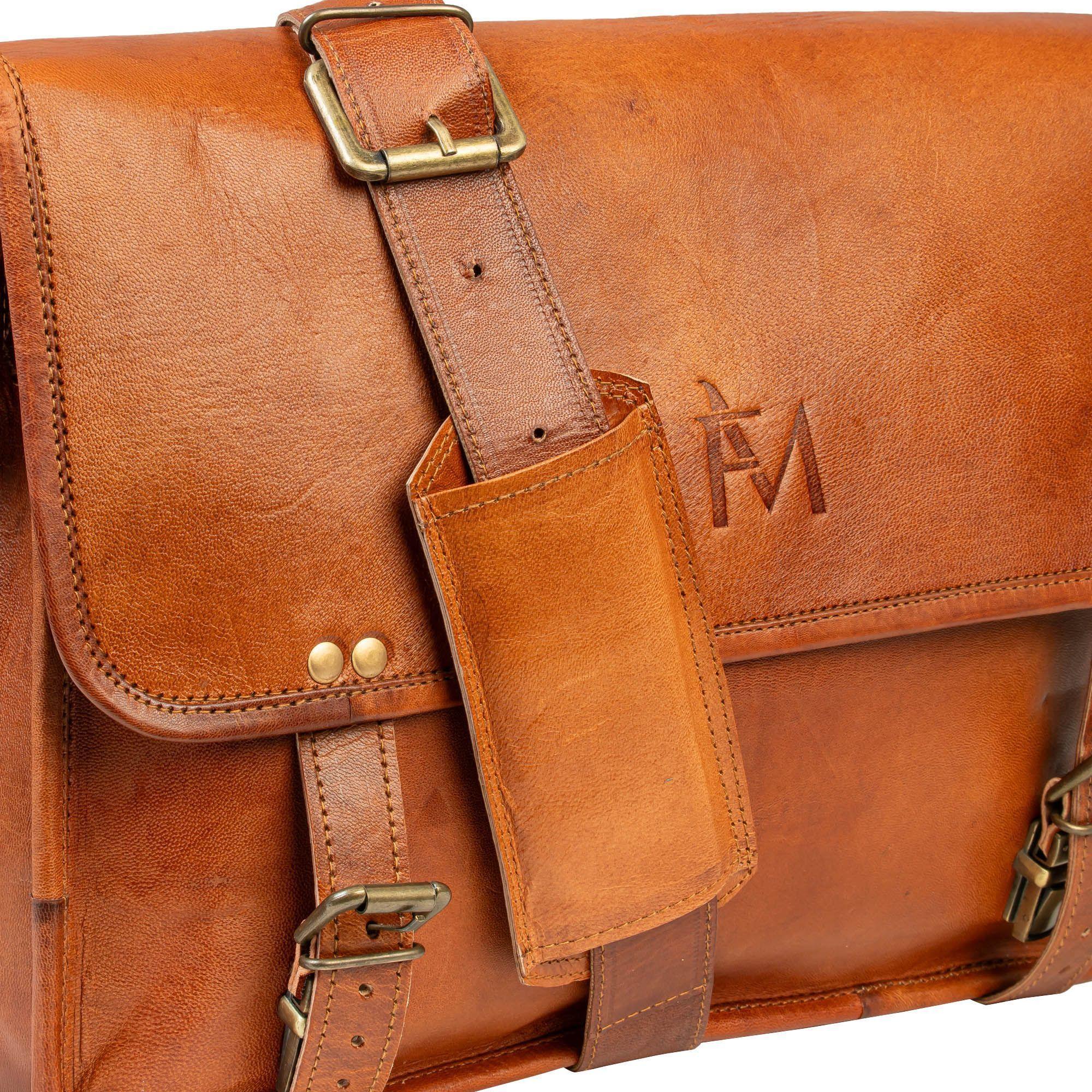 Maletín de cuero natural. Color marrón. Uso al hombro. Notebook 15.6 o menor-1