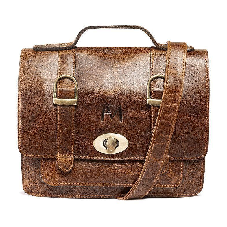 Bolso de cuero genuino. Diseño clásico Vintage. Color marrón-0