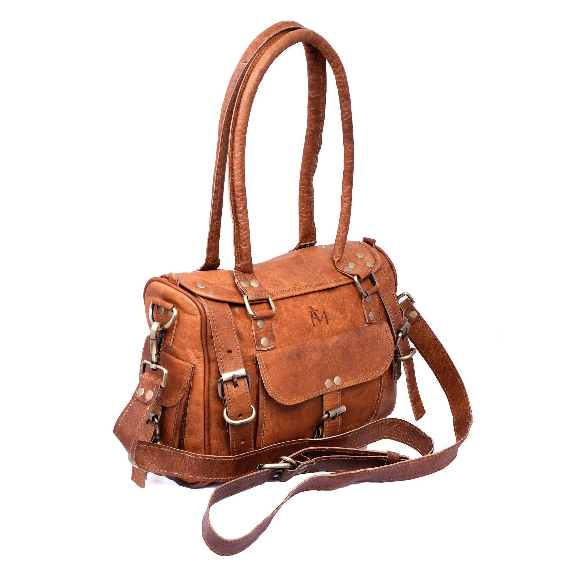 Bolso de cuero natural, vintage, cafe,  Correa y 2 asas. Franz Mossi-0