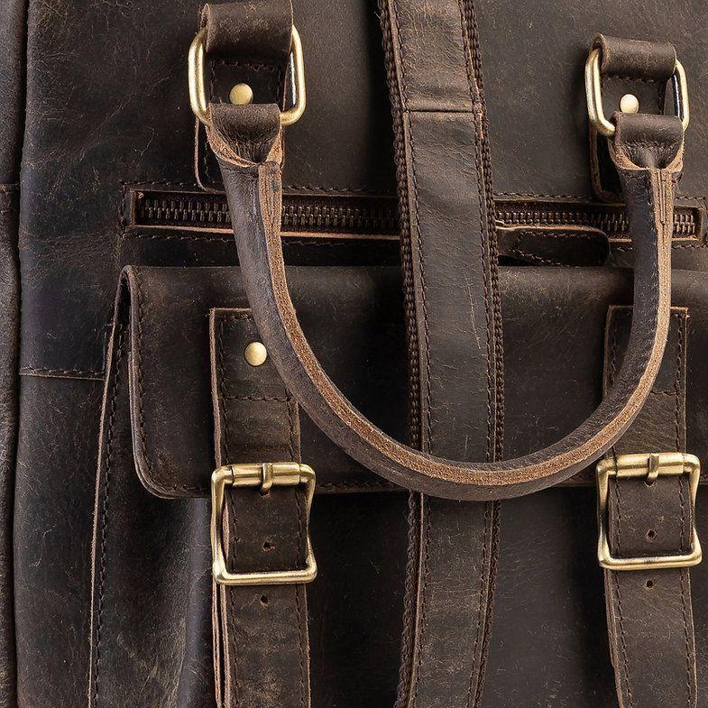 Bolso de cuero grueso natural. Marrón oscuro. 2 asas. Estilo Vintage-2