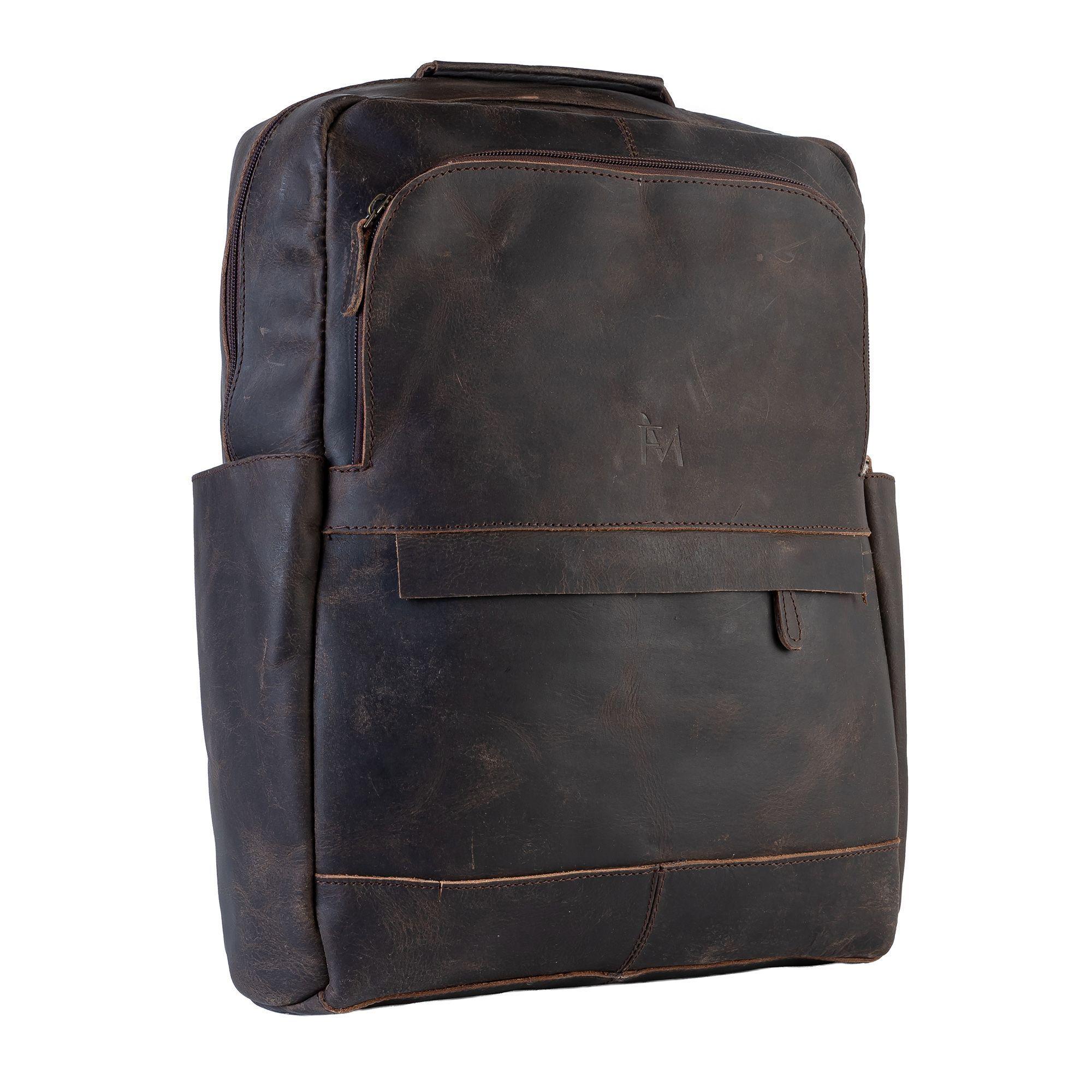 Mochila de cuero grueso. Café oscuro. Vintage. Notebook-0