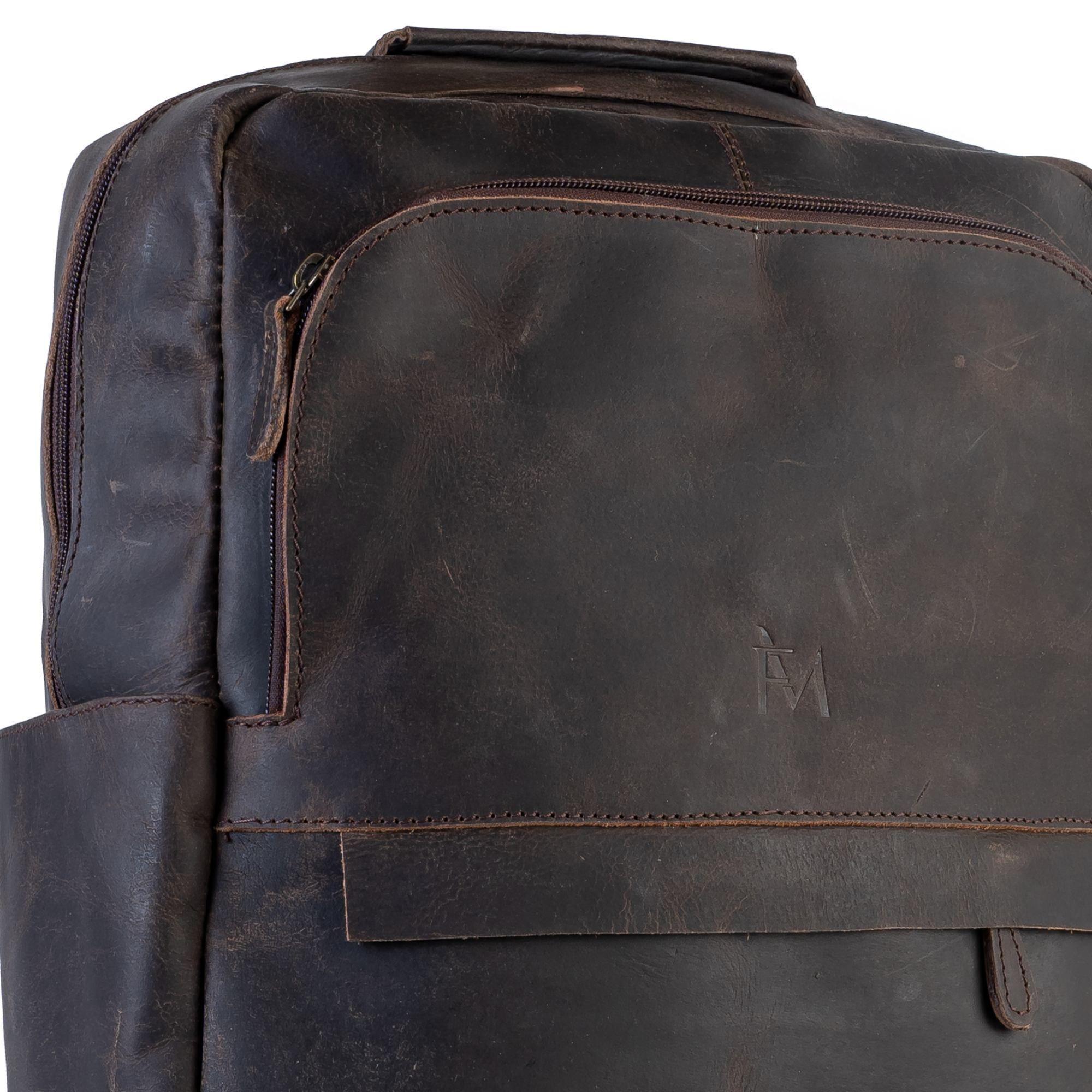 Mochila de cuero grueso. Café oscuro. Vintage. Notebook-2