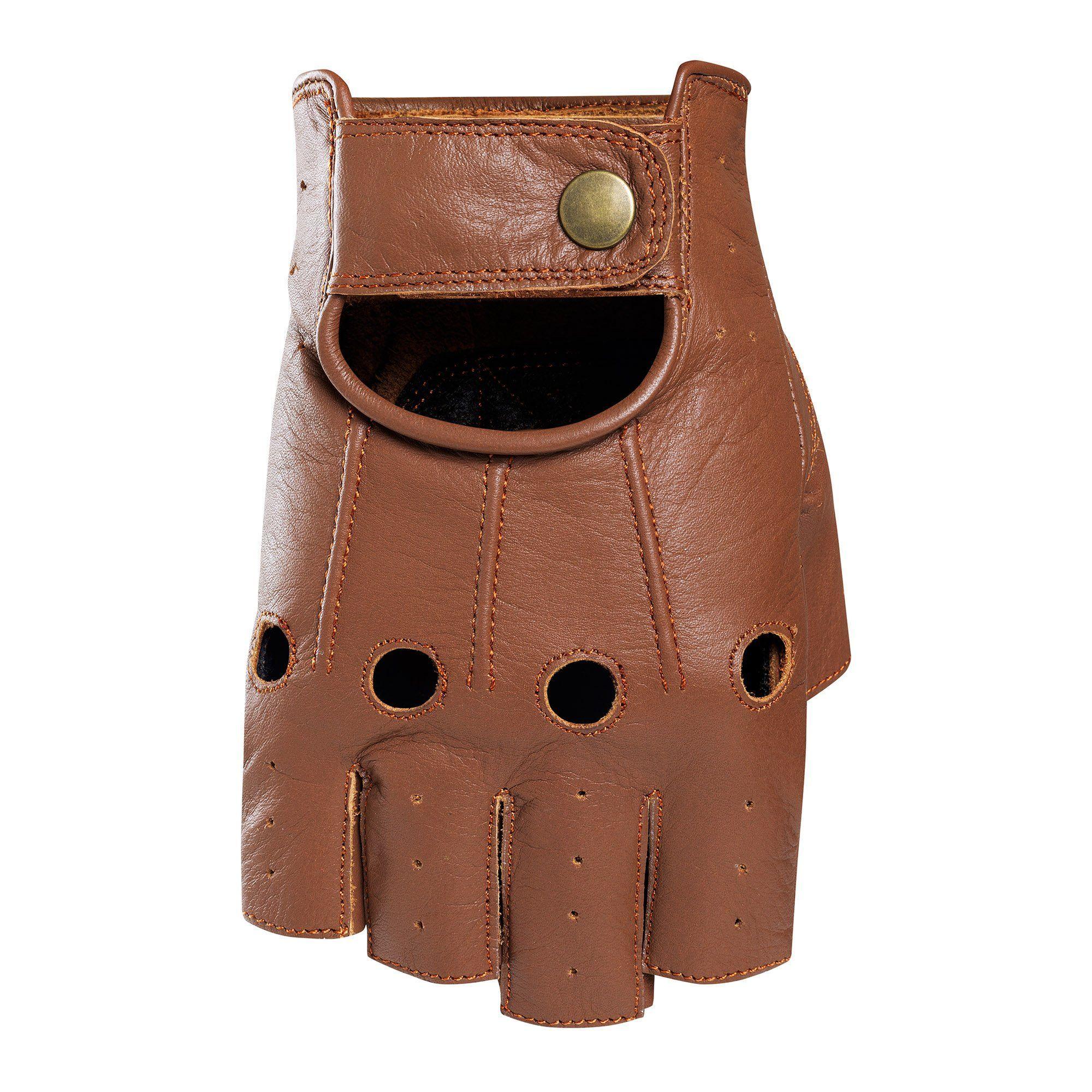 Guantes Sin Dedos Cuero Natural, Café Marrón Claro. Moto, Bicicleta. Horma Normal, no Chica. RESPEKT-2