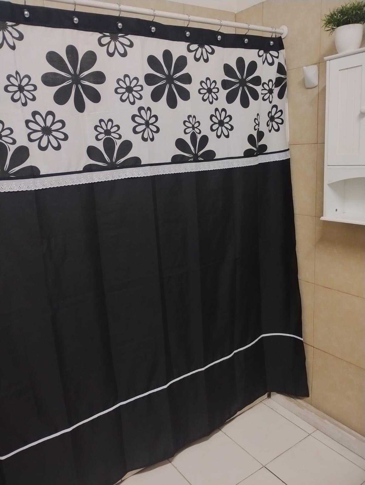 Cortina de Baño Medida Especial Negro flor negra 200×200 cms +14 ganchos-0