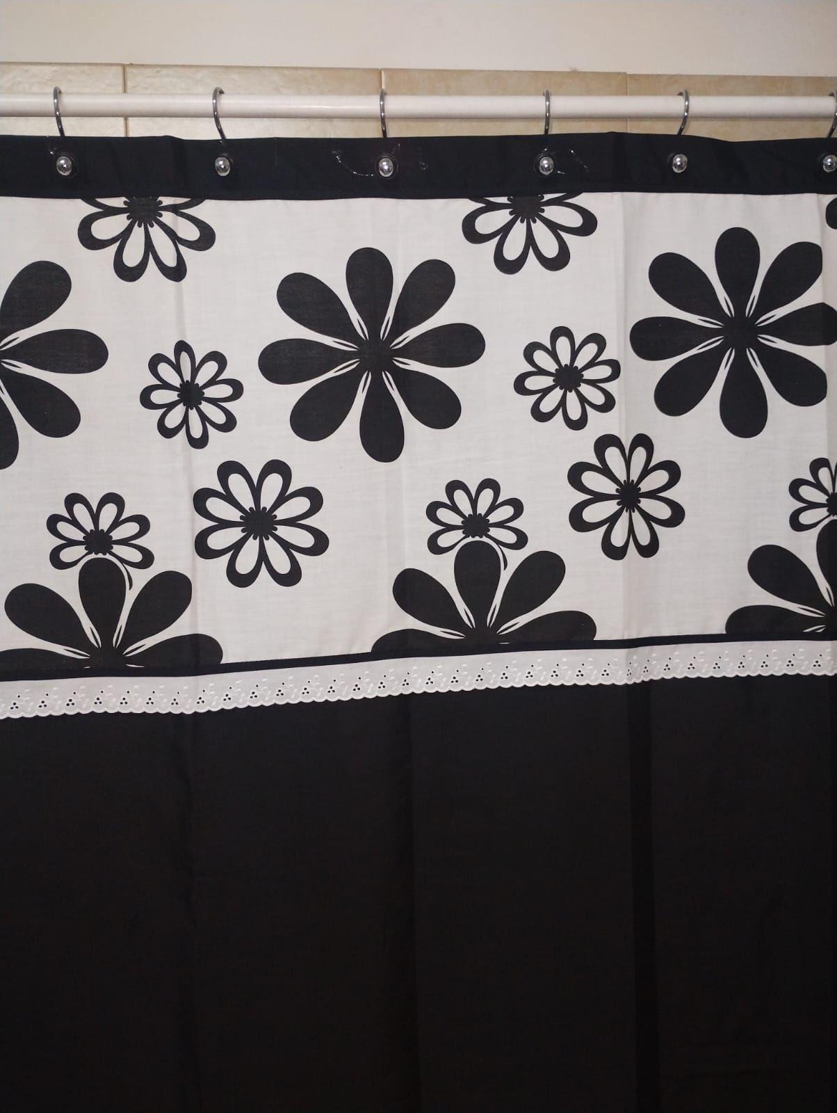 Cortina de Baño Medida Especial Negro flor negra 200×200 cms +14 ganchos-1