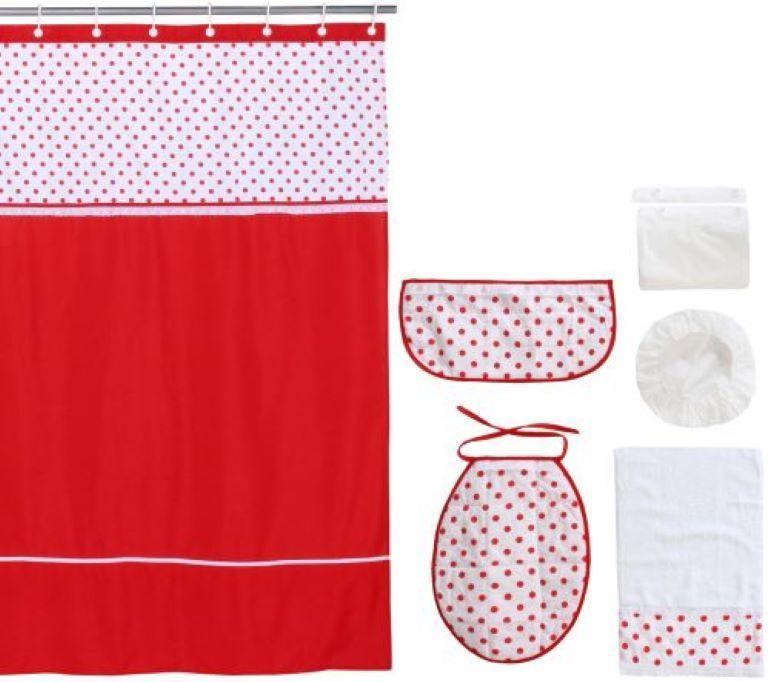 Cortina y Set de baño 7 piezas 180 x 180 cms circulos rojos-0
