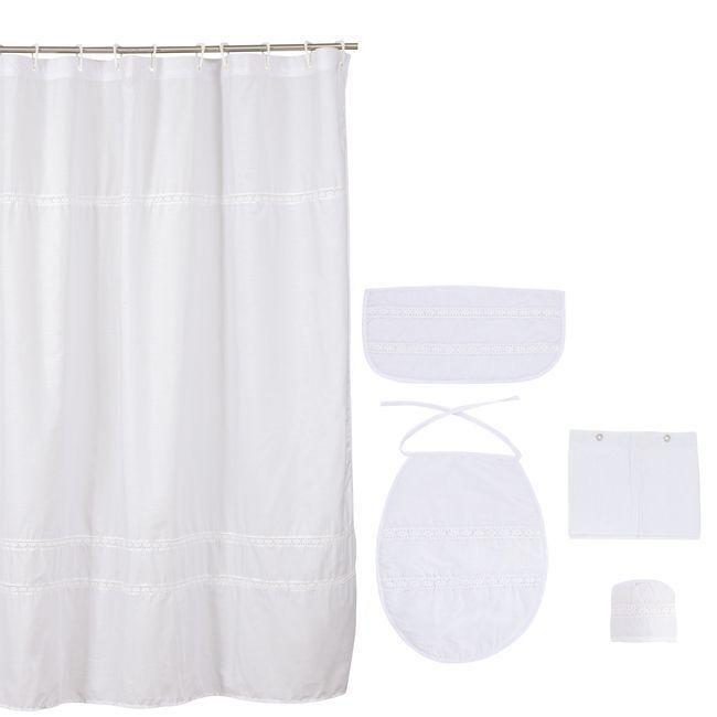 Cortina y Set de baño 5 piezas 180 x 180 cms blanco bolillo-0