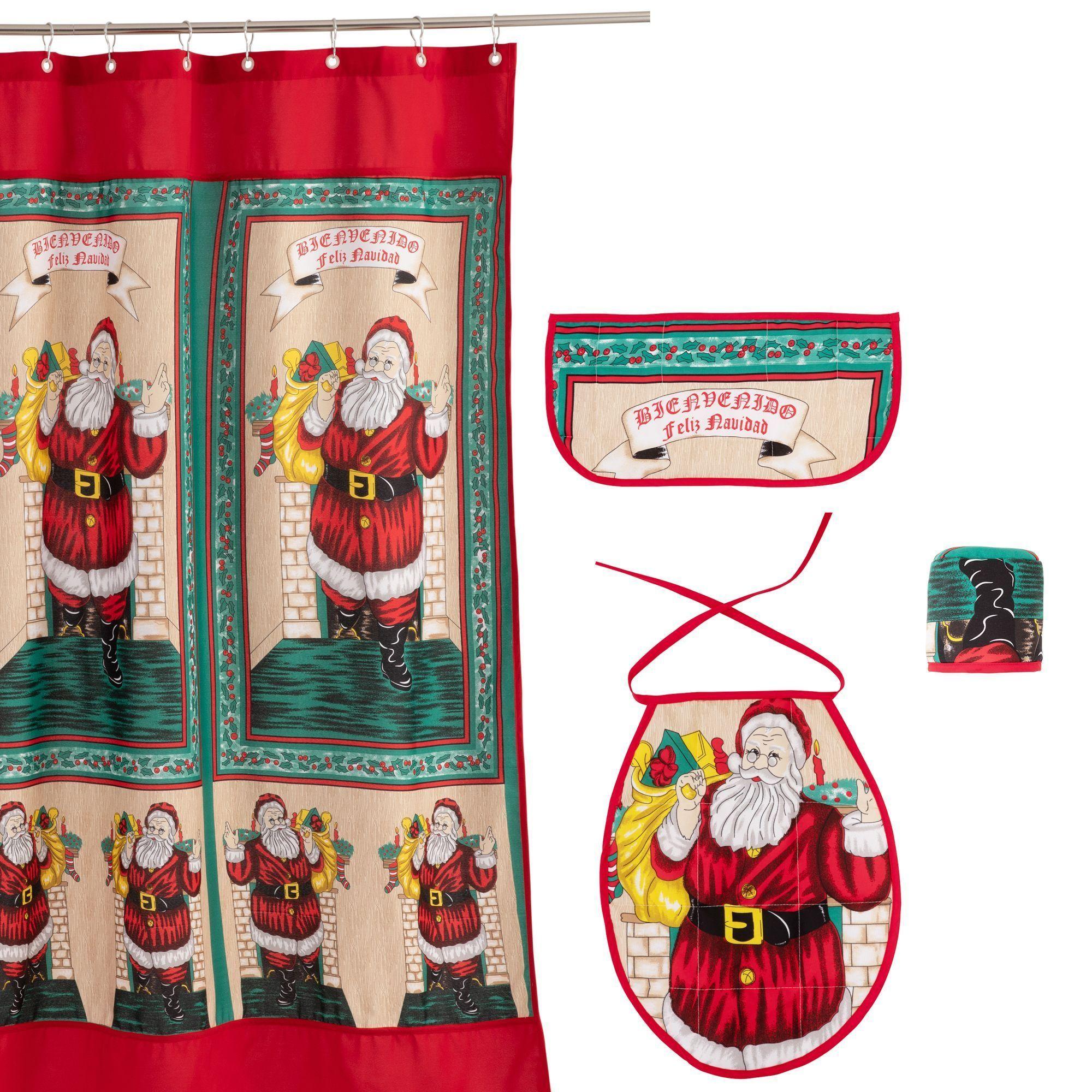 CORTINA Y SET DE BAÑO NAVIDAD 4 PIEZAS ROJO PASCUERO GRANDE-0