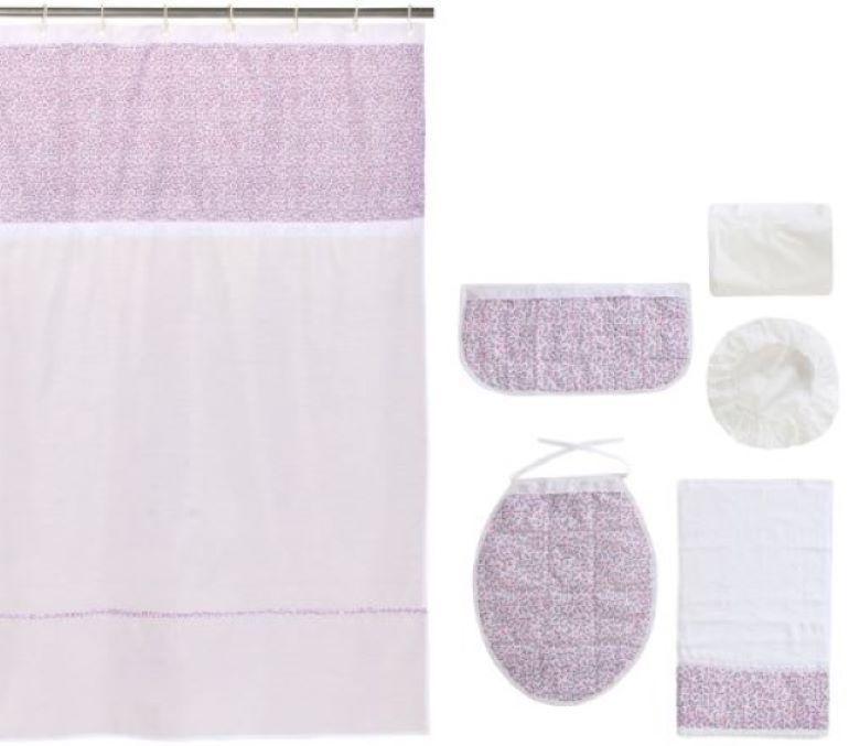 Cortina y Set de baño 7 piezas 180 x 180 cms blanco flores rosadas-0