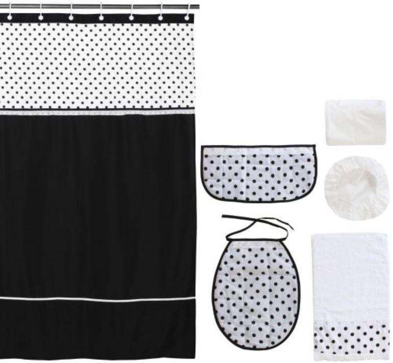 Cortina y Set de baño 7 piezas 180 x 180 cms circulos negros-0