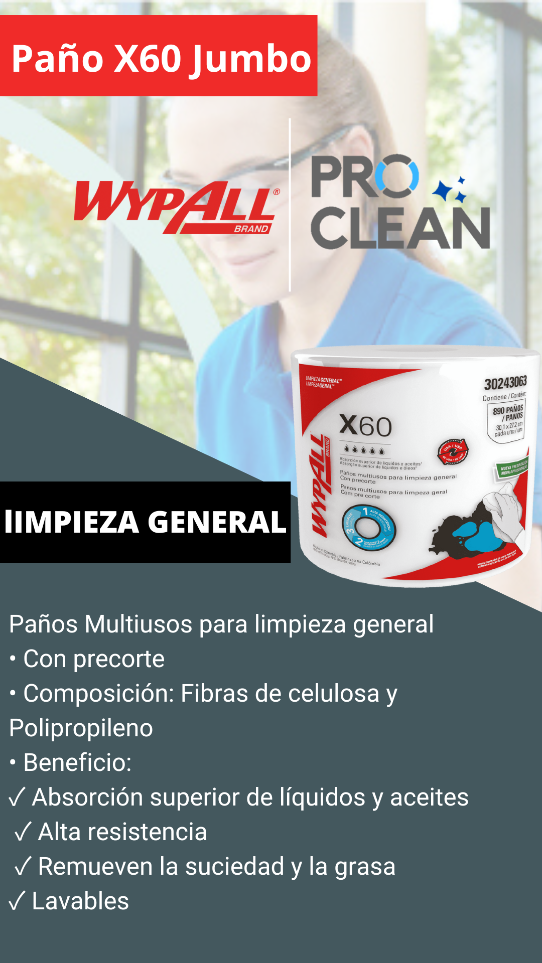 PAÑO WYPALL X-60 JUMBO ROLL 1X890 1 ROLLO x 890 Paños Paño de 27,2 x 30,1cm-1