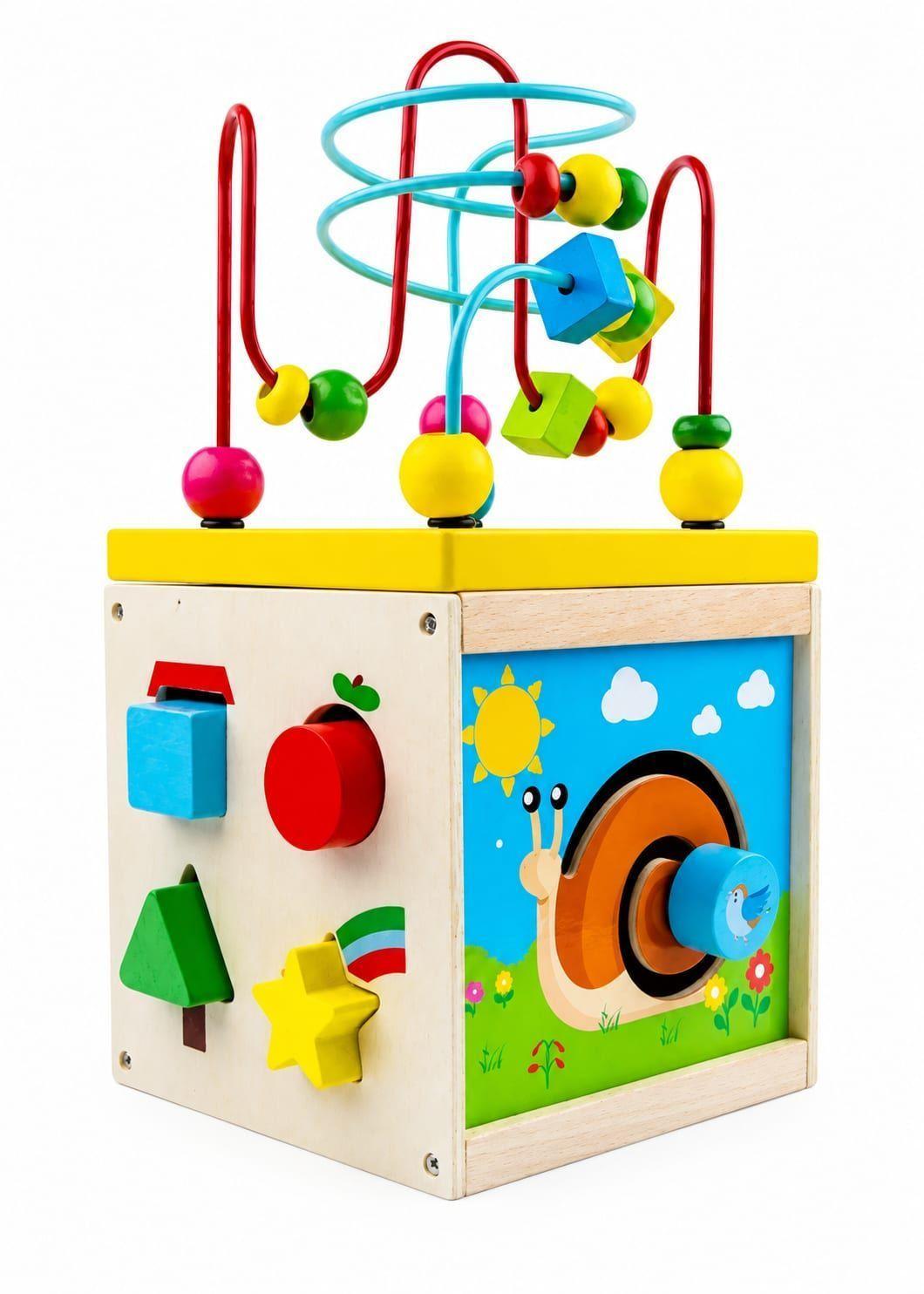 Cubo didáctico de madera 5 en 1 con laberinto y encaje de figuras-0