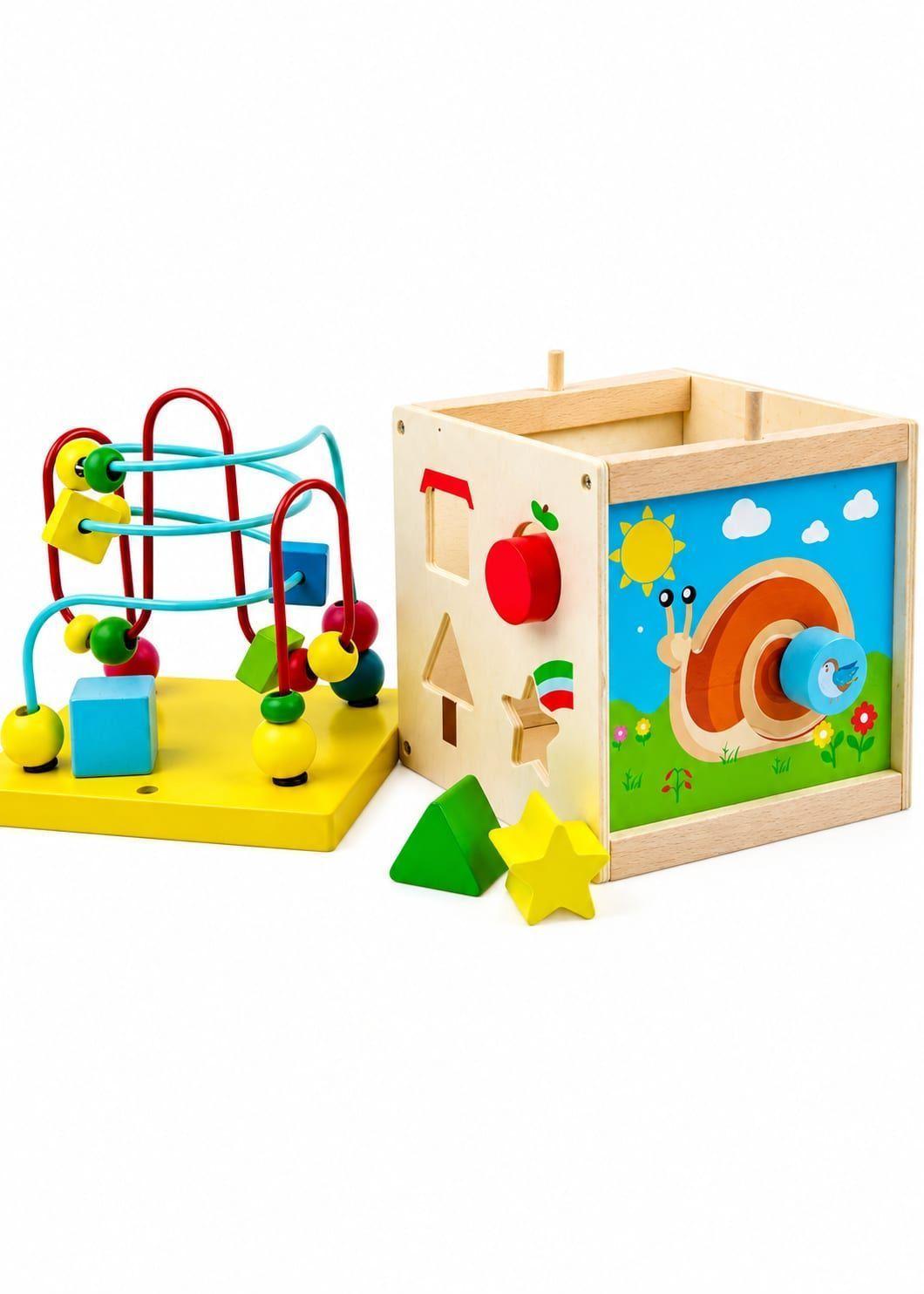 Cubo didáctico de madera 5 en 1 con laberinto y encaje de figuras-1