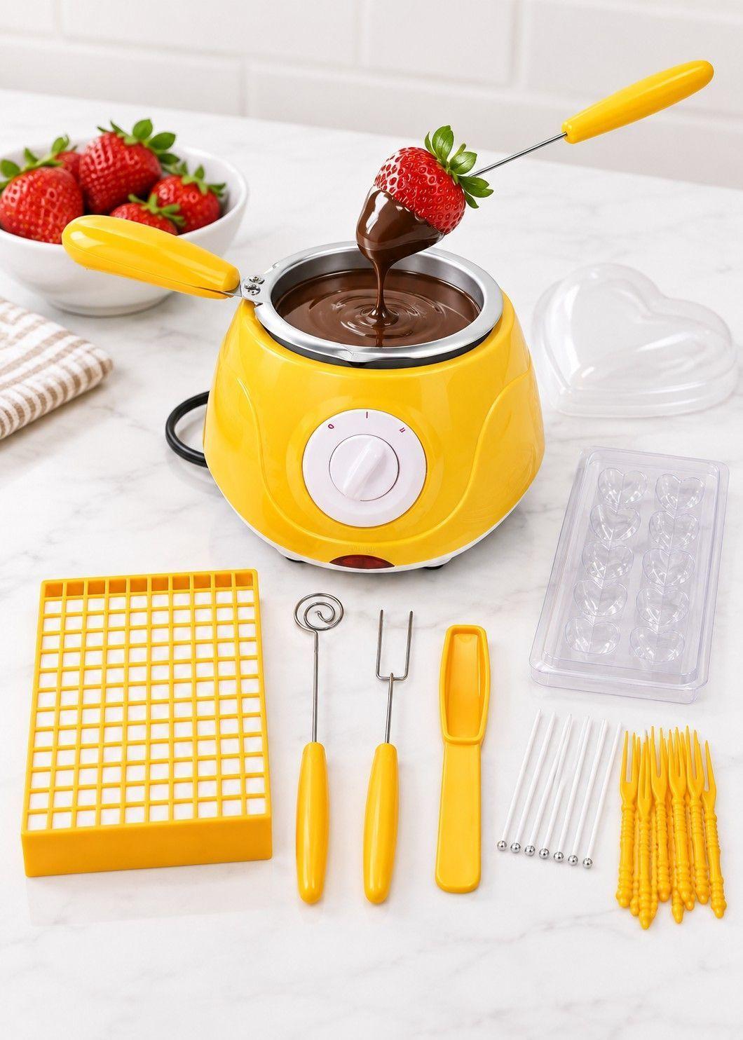 Fondue eléctrica para chocolate 20 W amarilla con accesorios-1