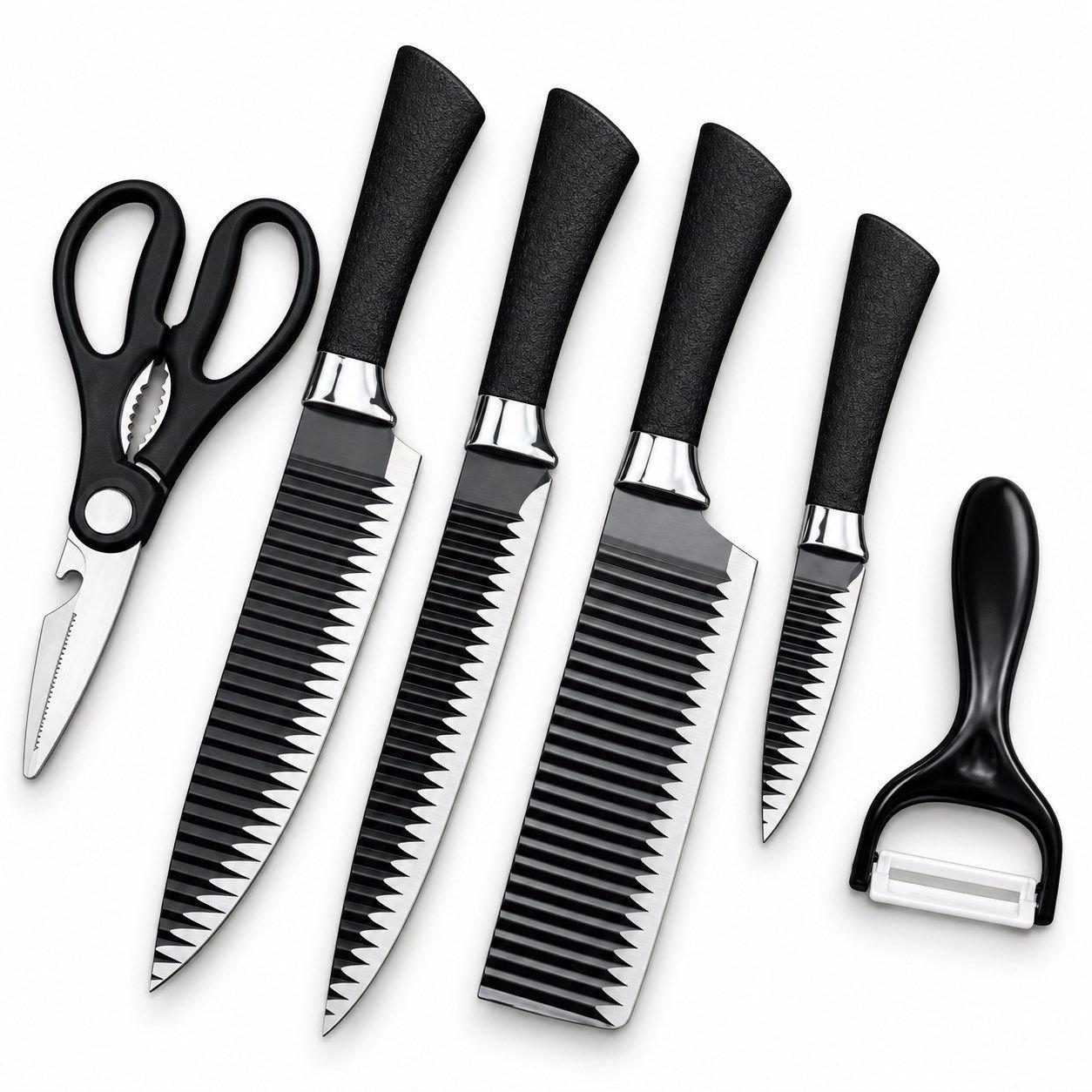 Set de cuchillos de cocina negro de 6 piezas con tijeras y pelador-0