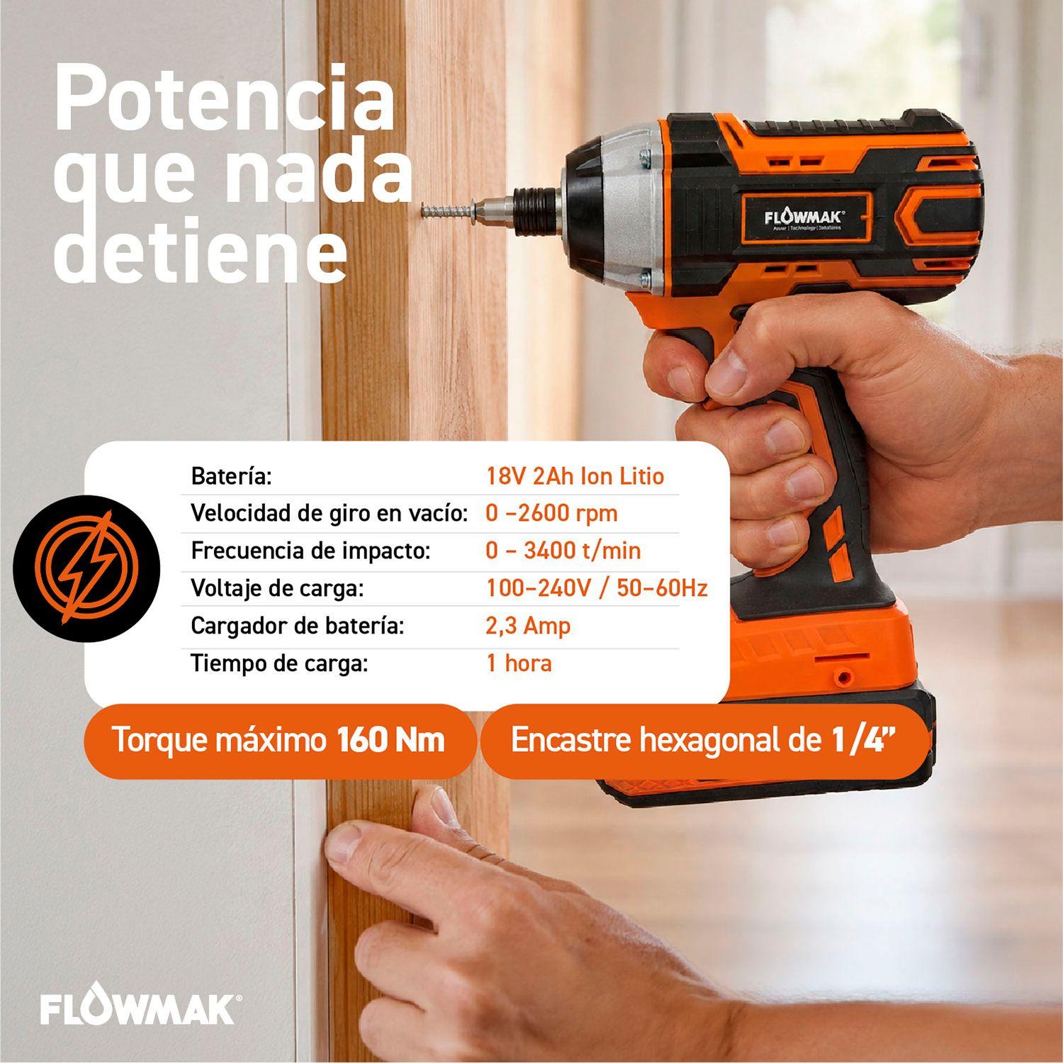 Atornillador Impacto 1/4 con Bat. 18v 2Ah y Carg. Flowmak-2