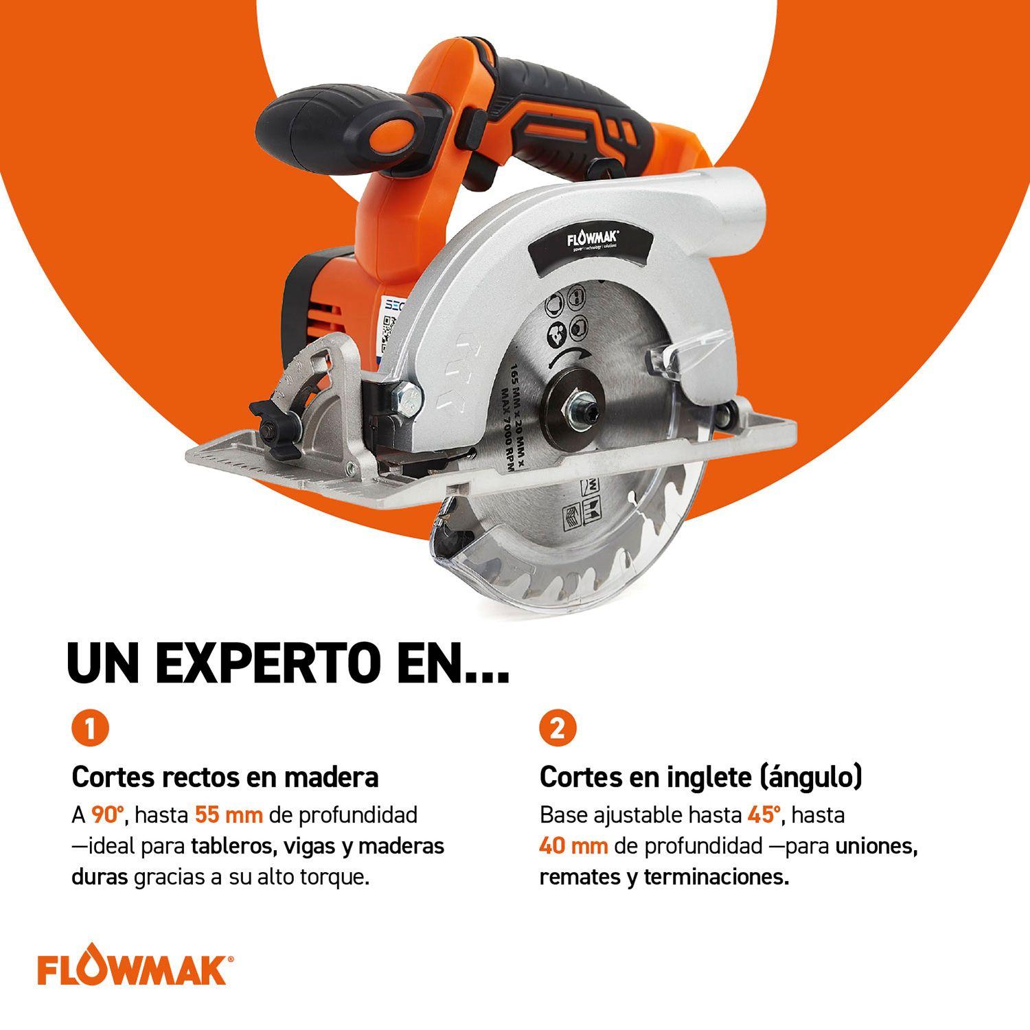 Sierra Circular 6-1/2" 165mm 18V 4Ah Con Bateria y cargador Flowmak-6