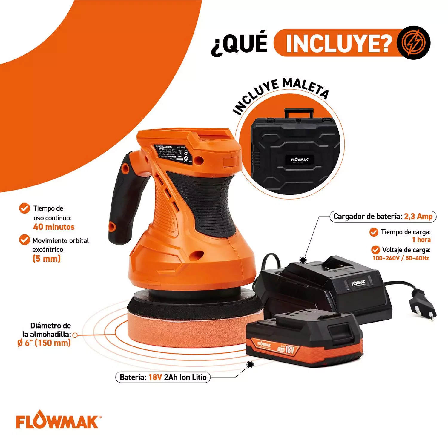 Pulidora Orbital  6"con Batería 18V 2Ah y Cargador Flowmak-1