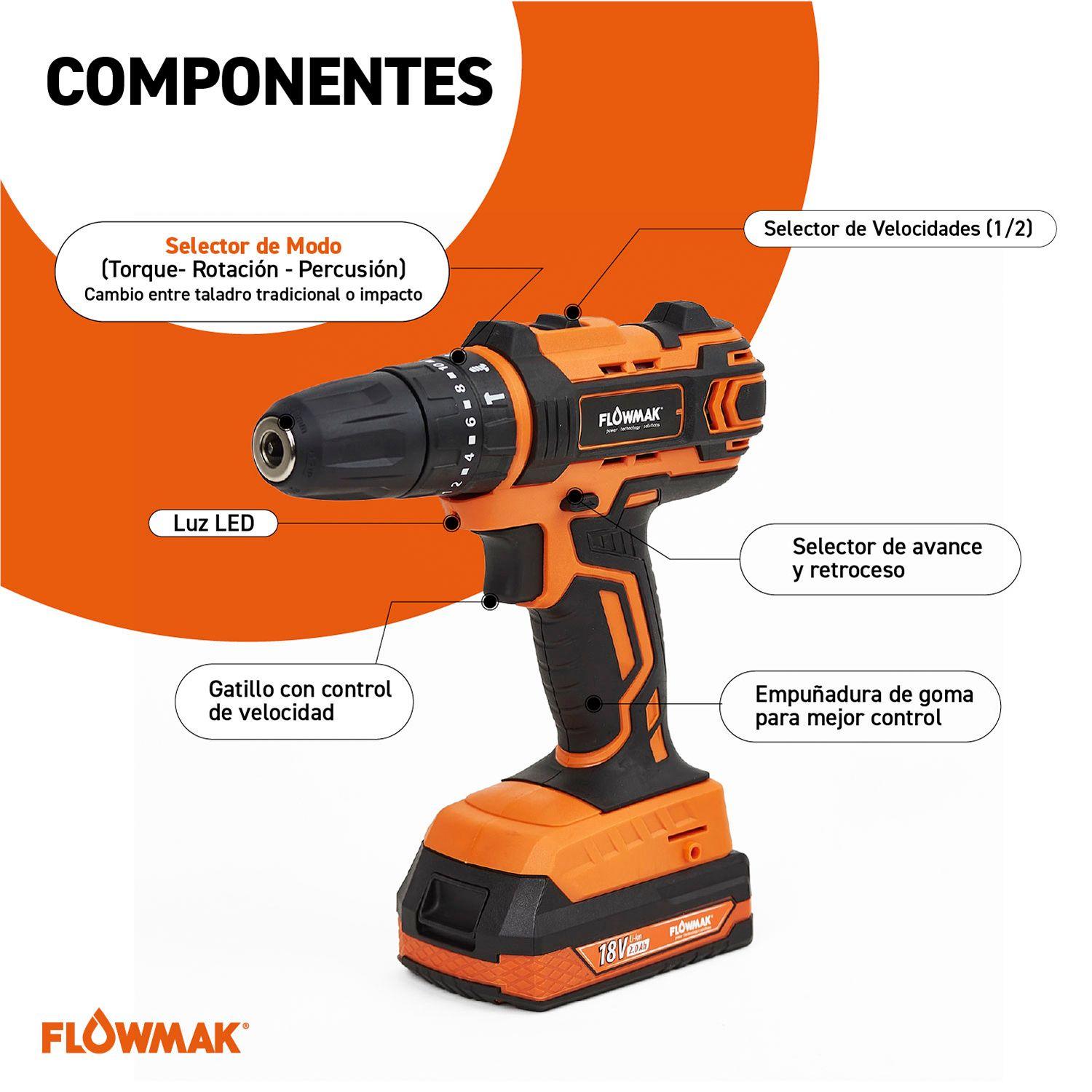 Taladro Percutor Atornillador 10mm 18v con Bateria 2Ah y Cargador + Acc. Flowmak-2