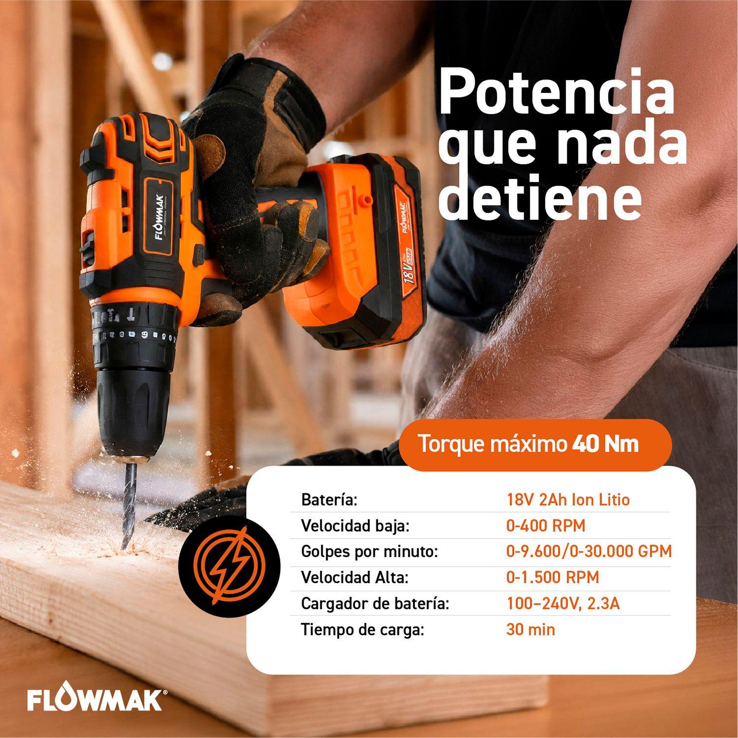 Taladro Percutor Atornillador 10mm 18v con Bateria 2Ah y Cargador + Acc. Flowmak-3
