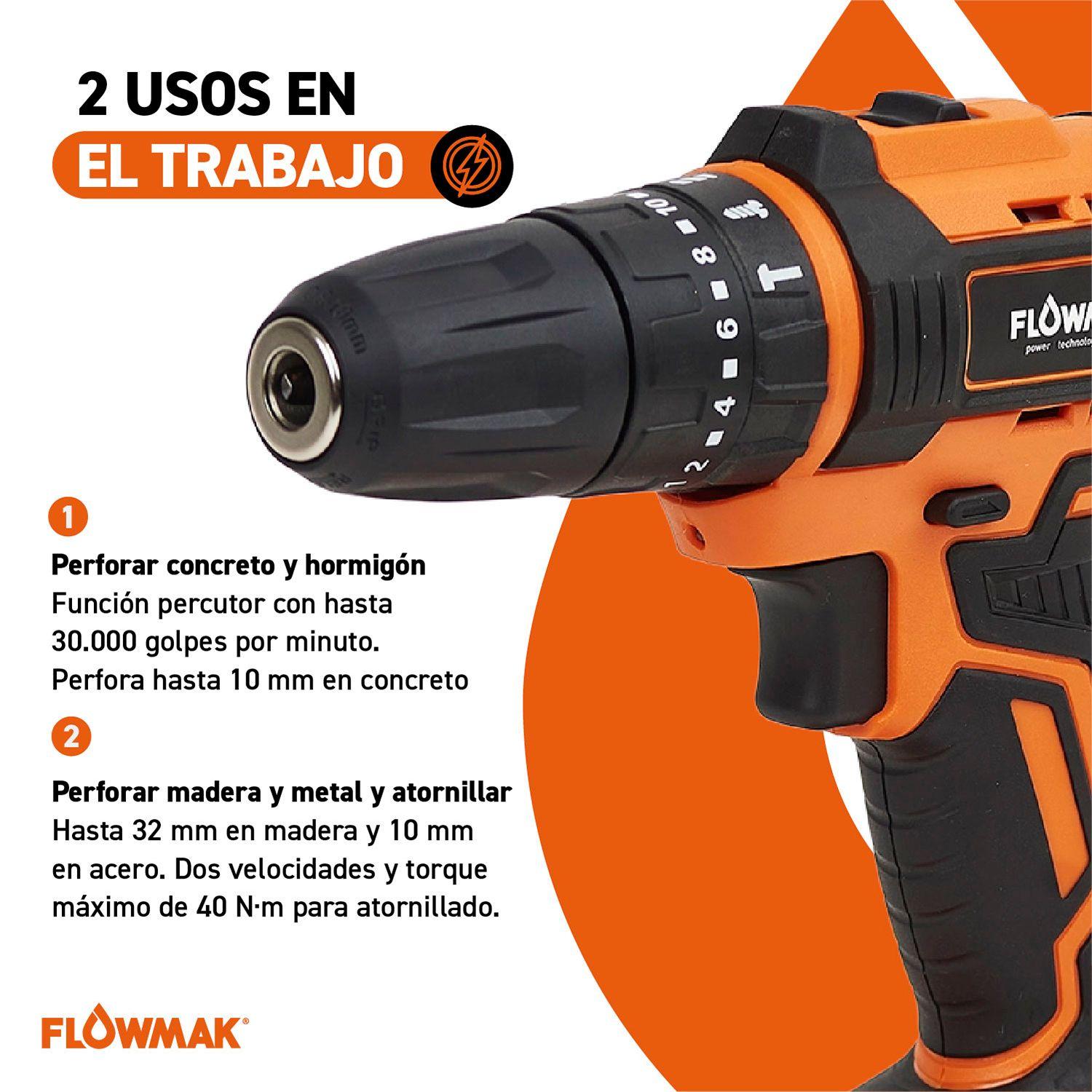 Taladro Percutor Atornillador 10mm 18v con Bateria 2Ah y Cargador + Acc. Flowmak-4