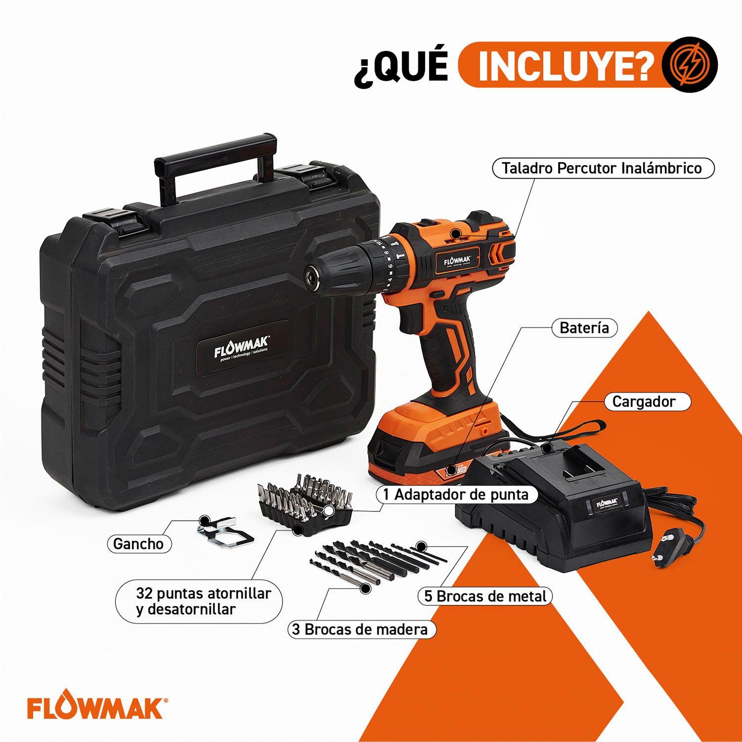 Taladro Percutor Atornillador 10mm 18v con Bateria 2Ah y Cargador + Acc. Flowmak-5