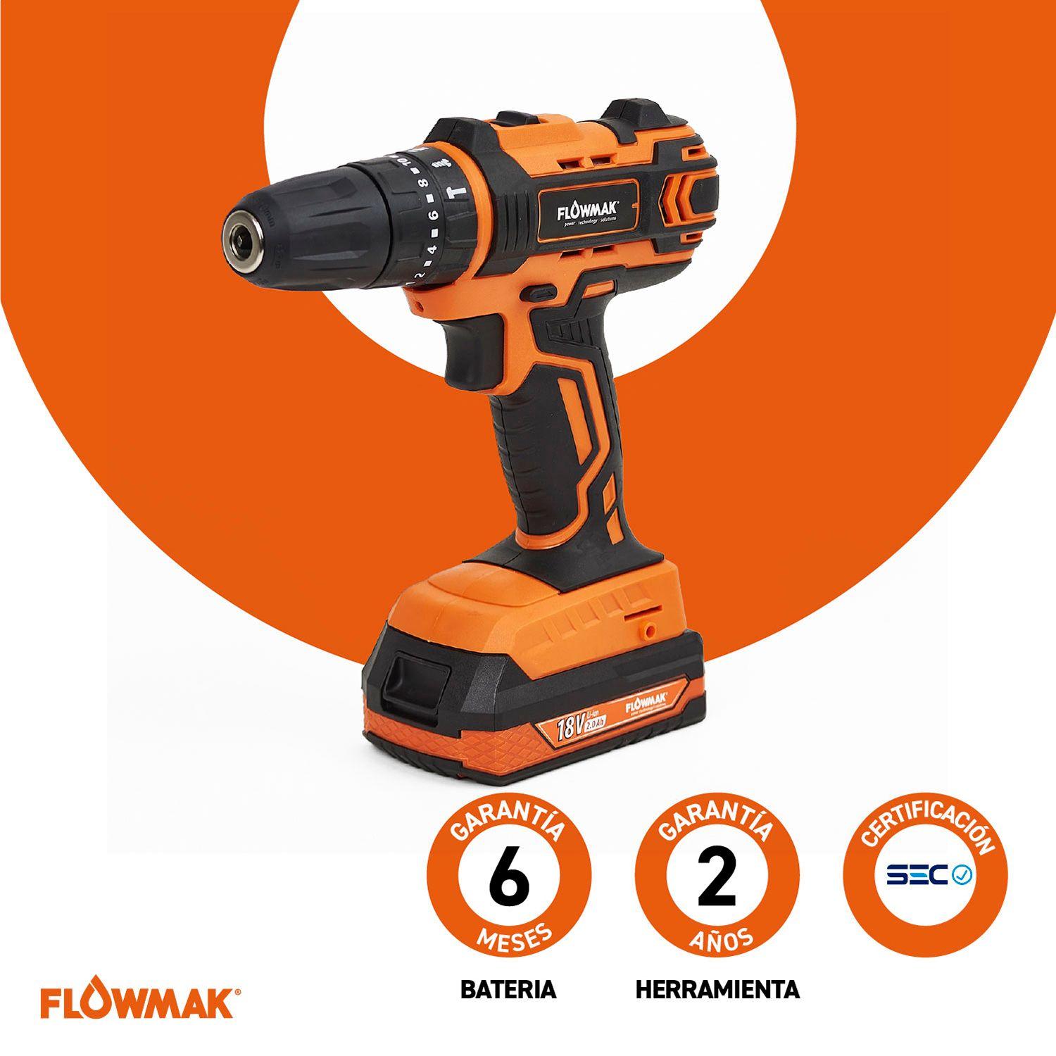 Taladro Percutor Atornillador 10mm 18v con Bateria 2Ah y Cargador + Acc. Flowmak-6