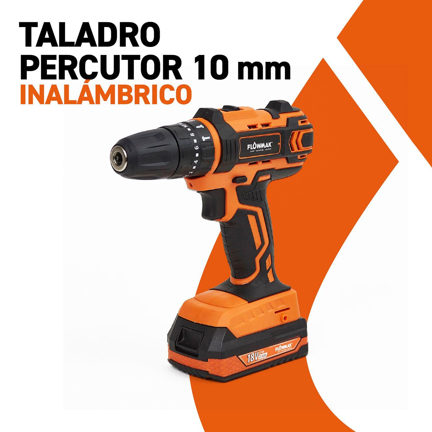 Taladro Percutor Atornillador 10mm 18v con Bateria 2Ah y Cargador + Acc. Flowmak-7