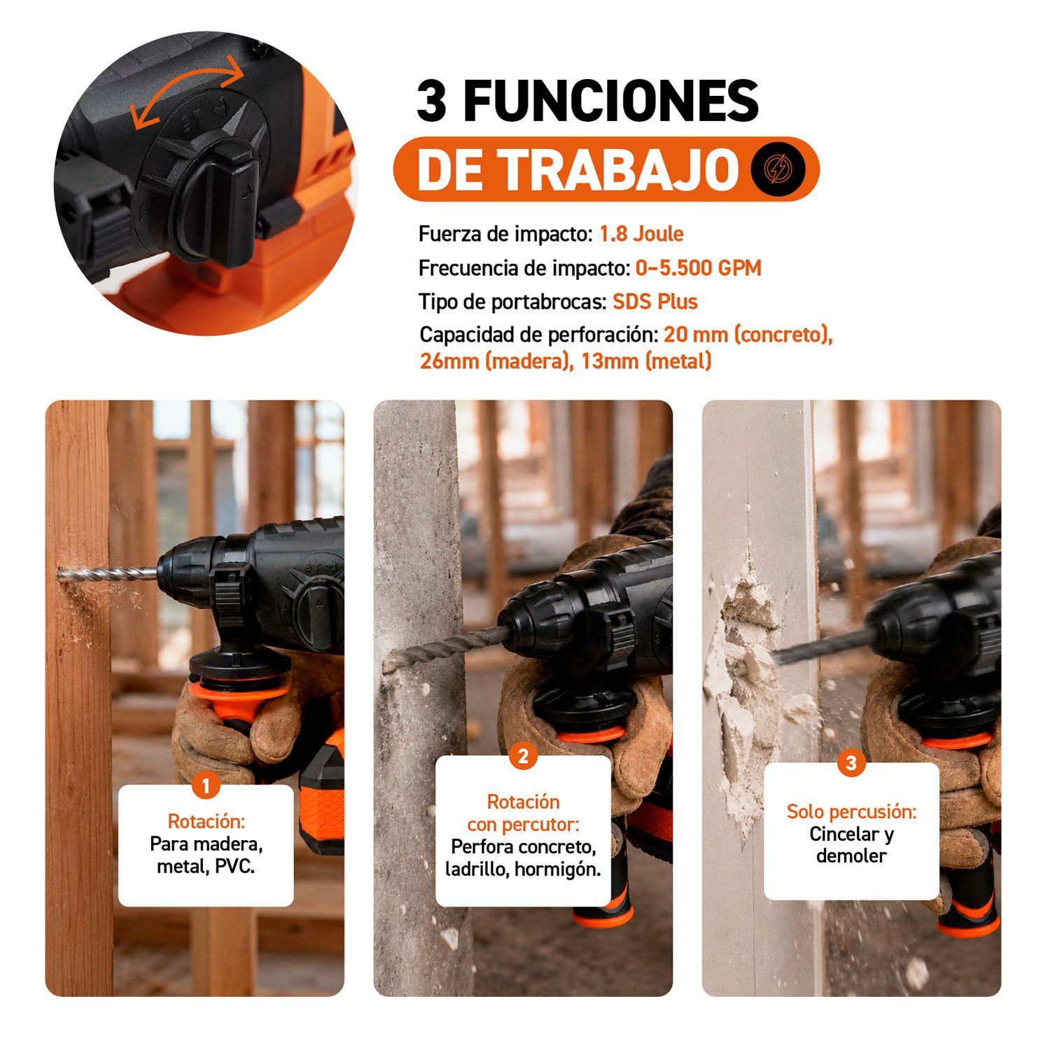 Taladro Rotomartillo Inalámbrico 18V + Bateria y Cargador-4