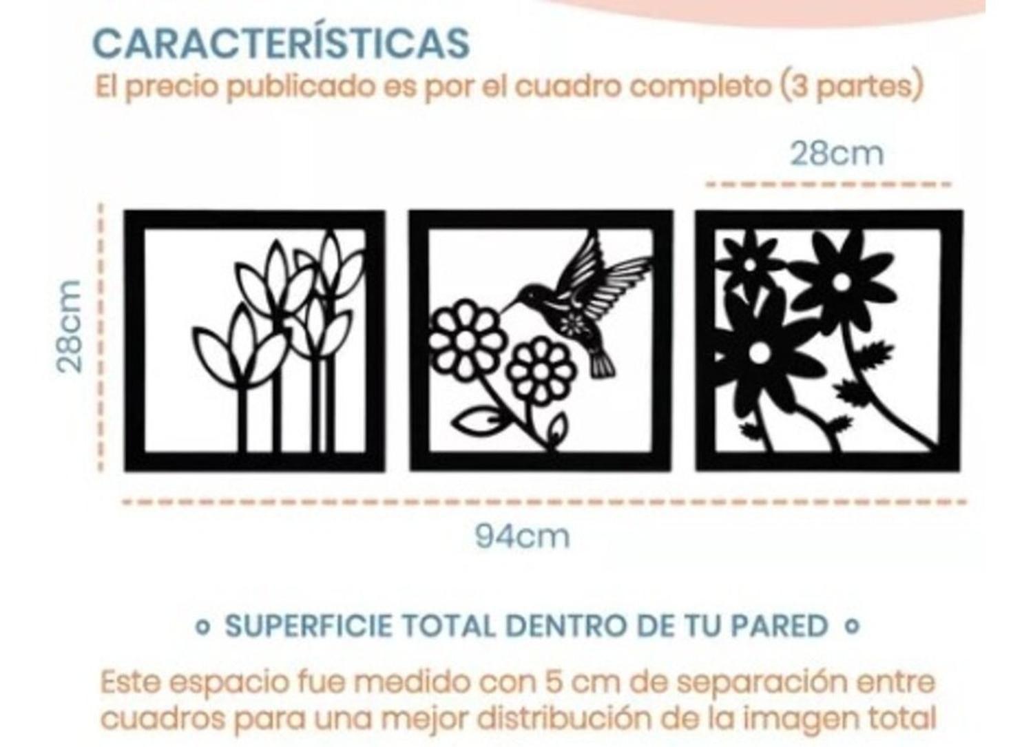 Cuadro Decorativo Colibrí Flores Pack 3 Madera Mdf 3mm-3