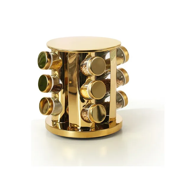 Especiero Condimentero Set X12 Base Giratoria Madera Pettish Color Acero Dorado-0