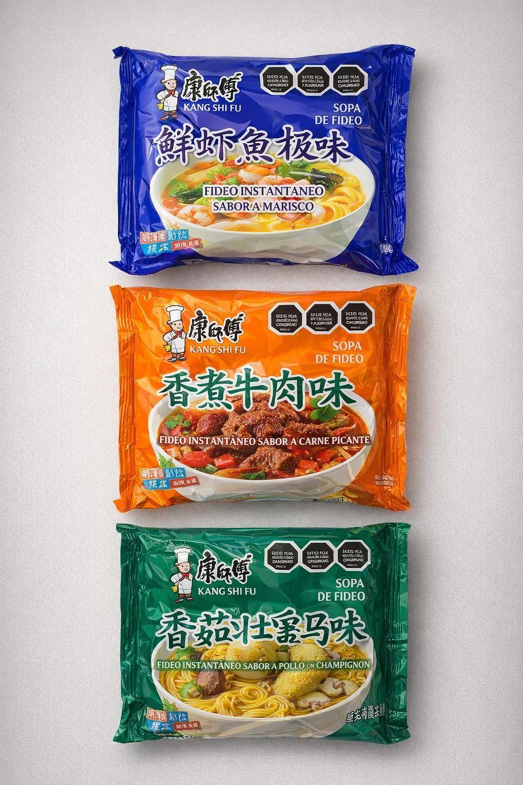 Fideo Instantaneo Kang Shi Fu Pack 3 Sabores* Pollo con Champiñon, Carne Picante, Mariscos -0