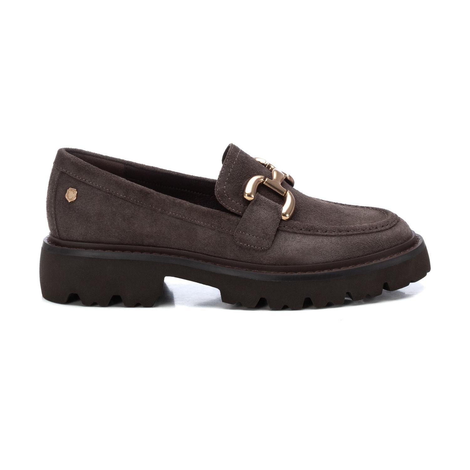 Mocasines Mujer Cuero Con Hebilla Dorada Gris Beca Carmela-1