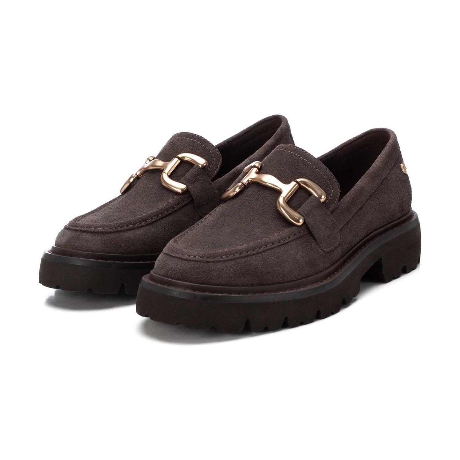 Mocasines Mujer Cuero Con Hebilla Dorada Gris Beca Carmela-4