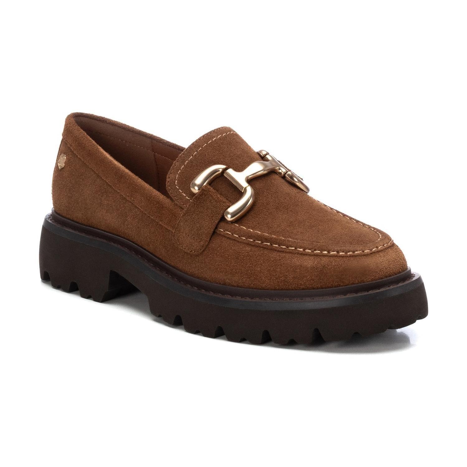 Mocasines Mujer Cuero Con Hebilla Dorada Beige Beca Carmela-0