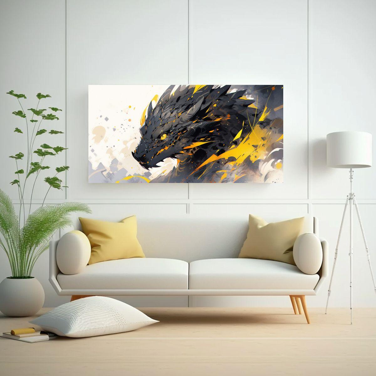 Pintura De Acuarela Dragón En Agua Y Colores Amar 80x40cm-2