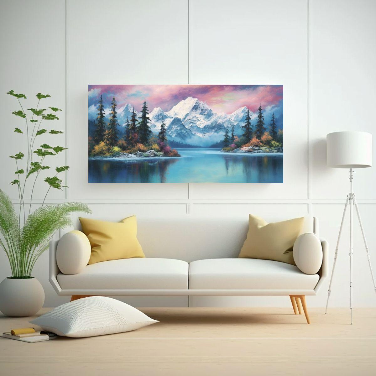 Cuadro Paisaje Azul Lago Montañas Cielo 100x50cm-2