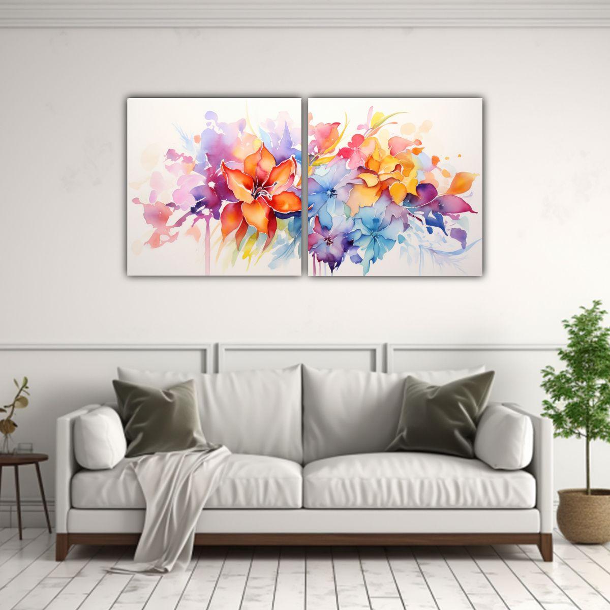 Cuadro Floral Abstracto En Acuarela Sobre Lienzo 160x80 Cm-2