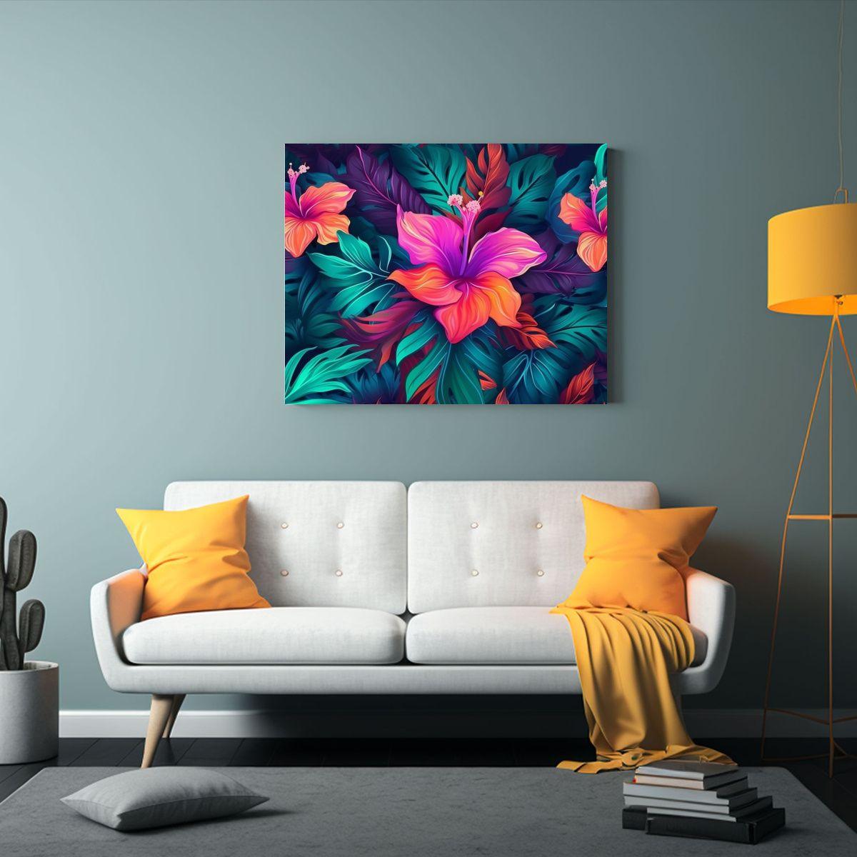 Cuadro De Tela Hermoso Con Esquema Tropical Y Flores 90x60cm-2