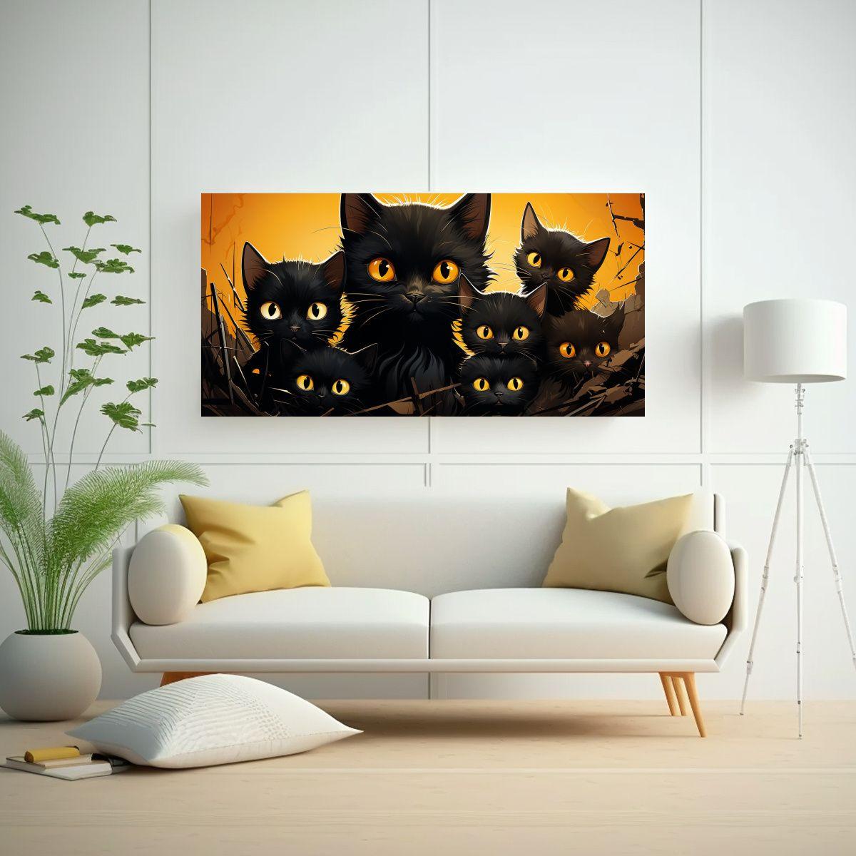 Cuadro De Lienzo Con Montón De Gatos Negros 100x50cm-2