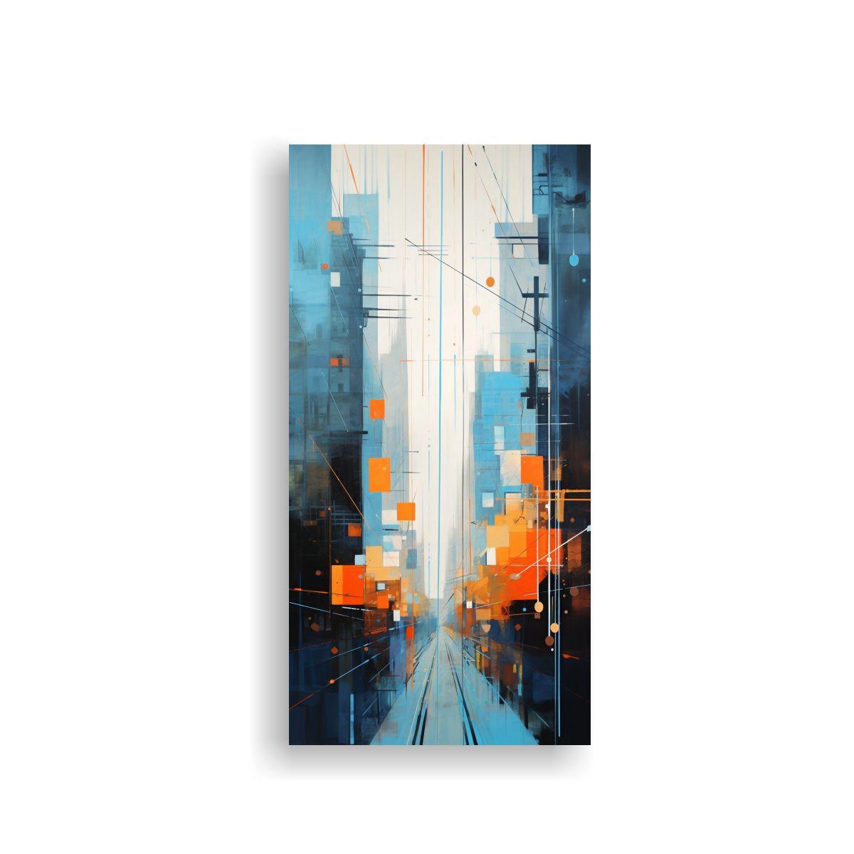 Pintura Abstracta De Ciudad En Azul Y Naranja, 20x40cm-0
